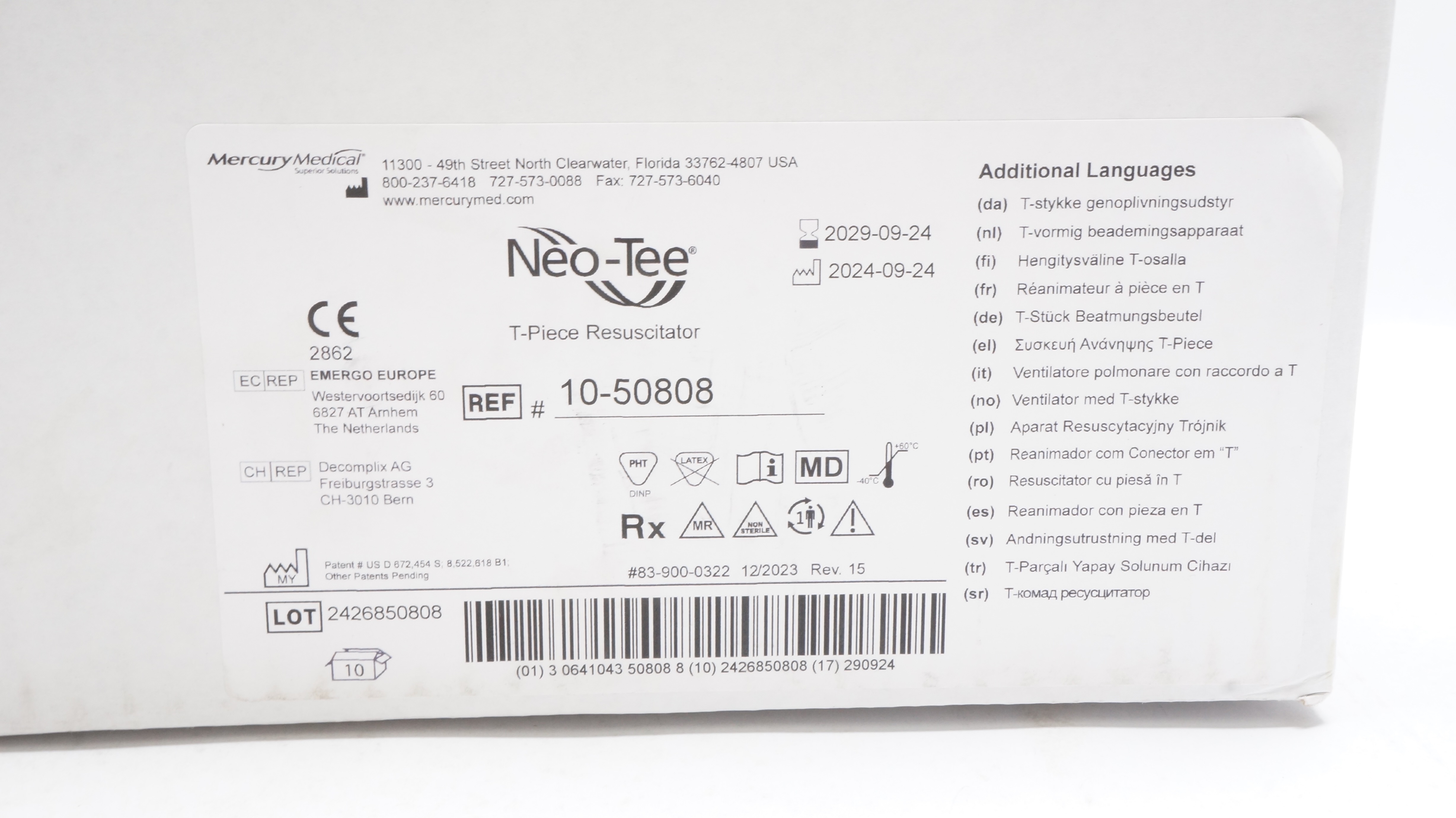 Mercury Medical 10-50808 Neo-Tee T-Piece Resuscitator - Box of 10