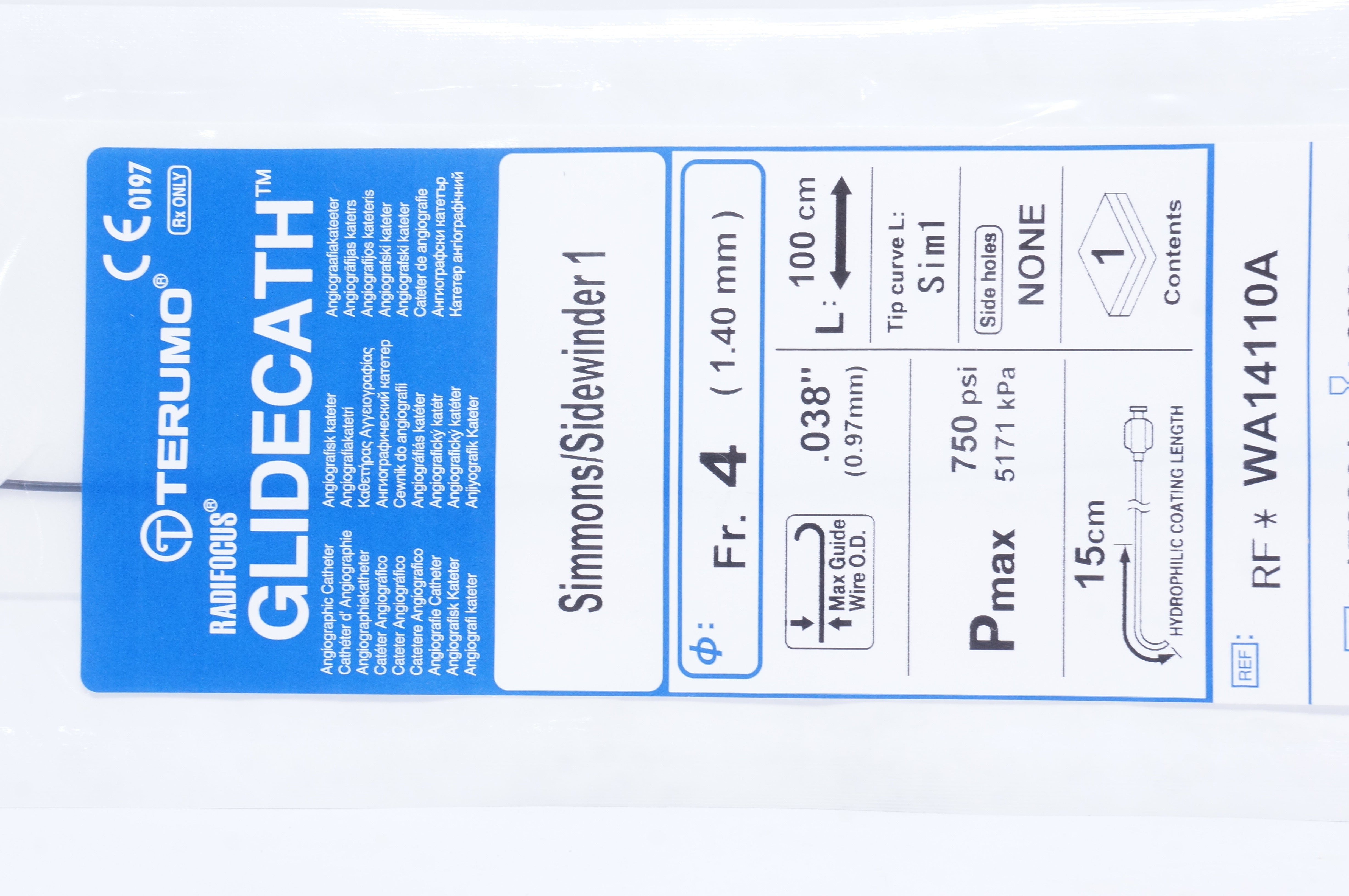 Terumo WA14110A GLIDECATH Simmons/Sidewire Angiographic Cath