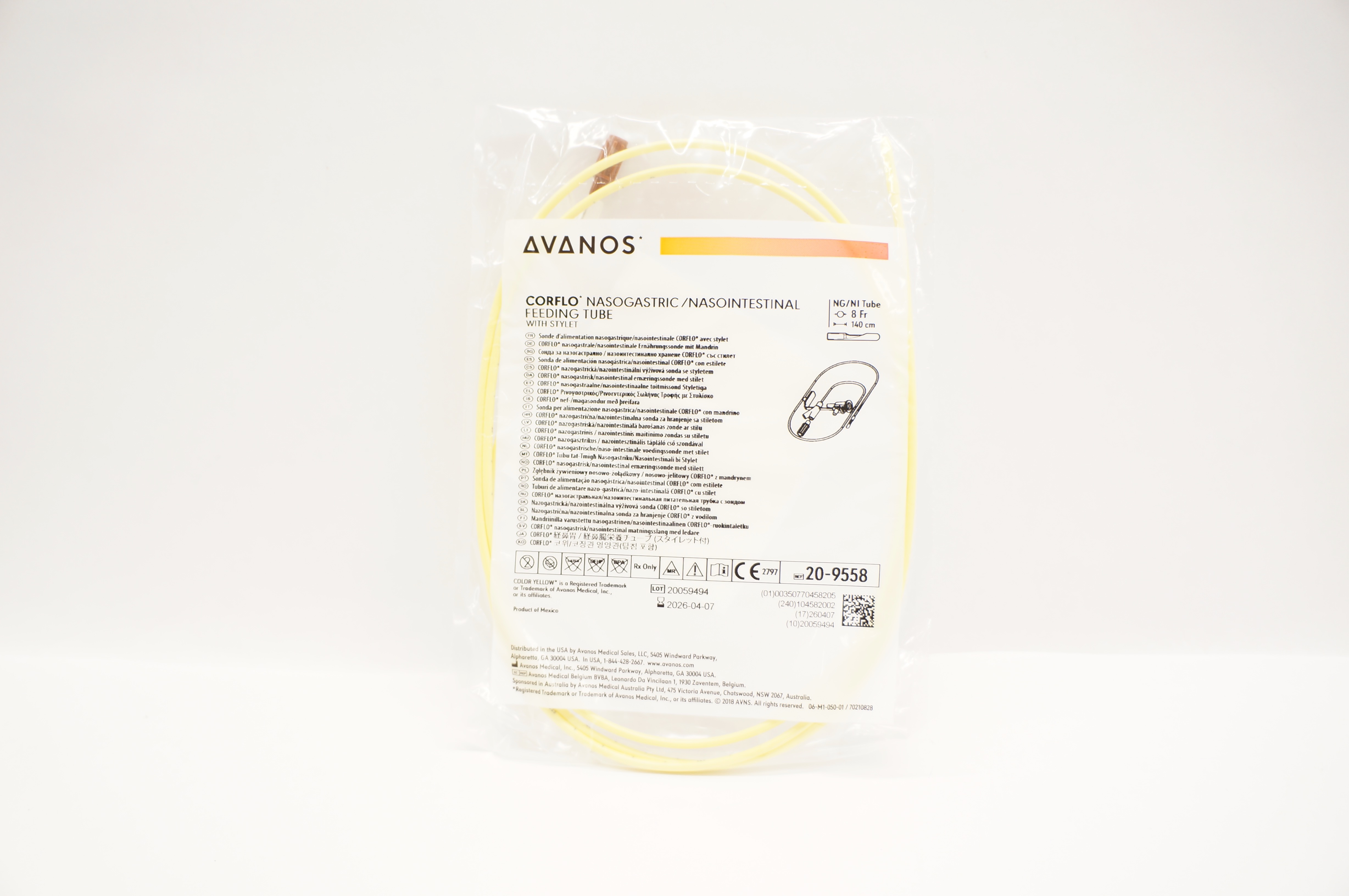 Avanos 20-9558 Nasogastric/Nasointestinal Feeding Tube 8Fr x 140cm