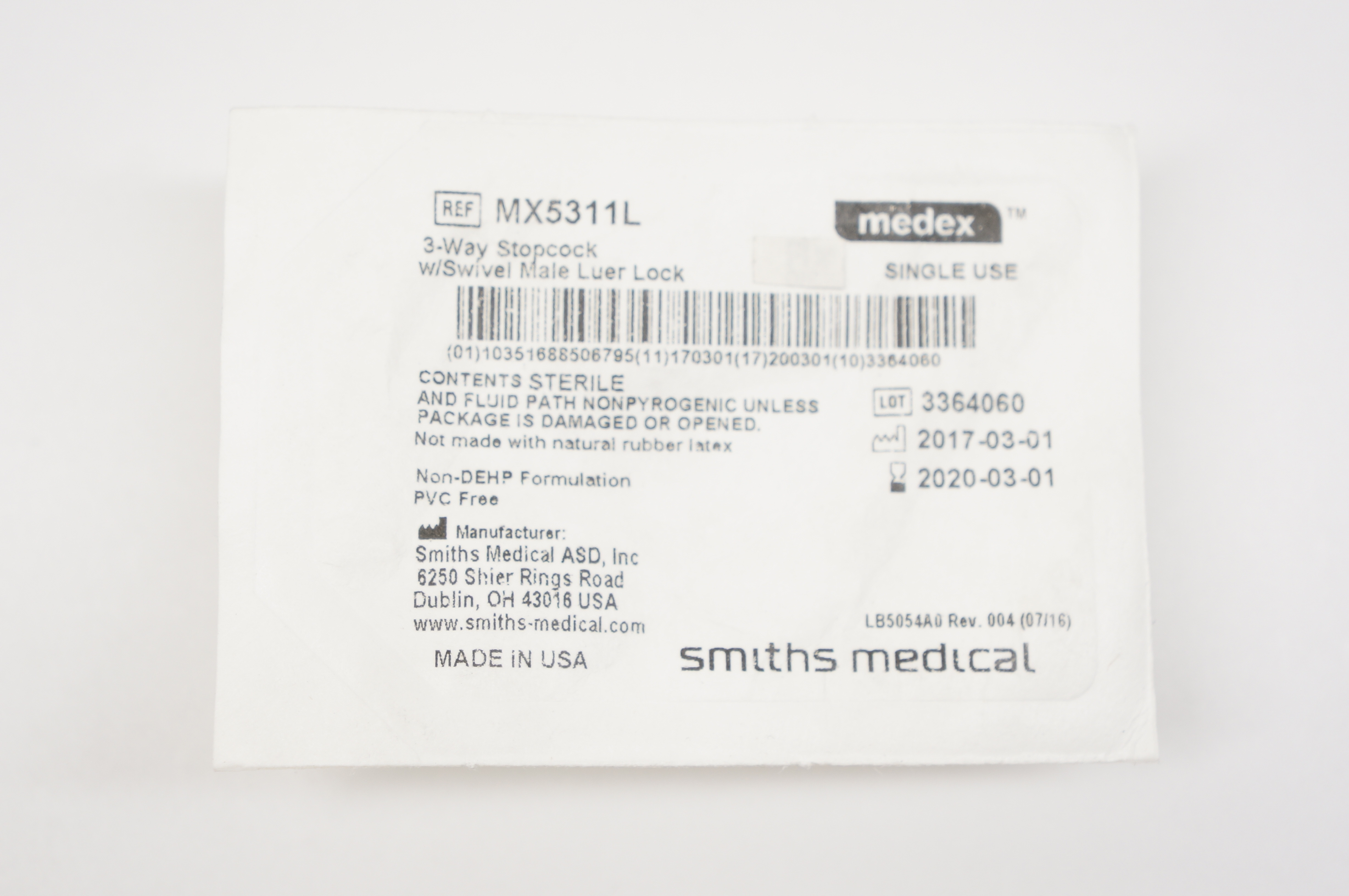 Smiths Medical MX5311L Medex 3-Way Stopcock w/Swivel Male Luer Lock (x)