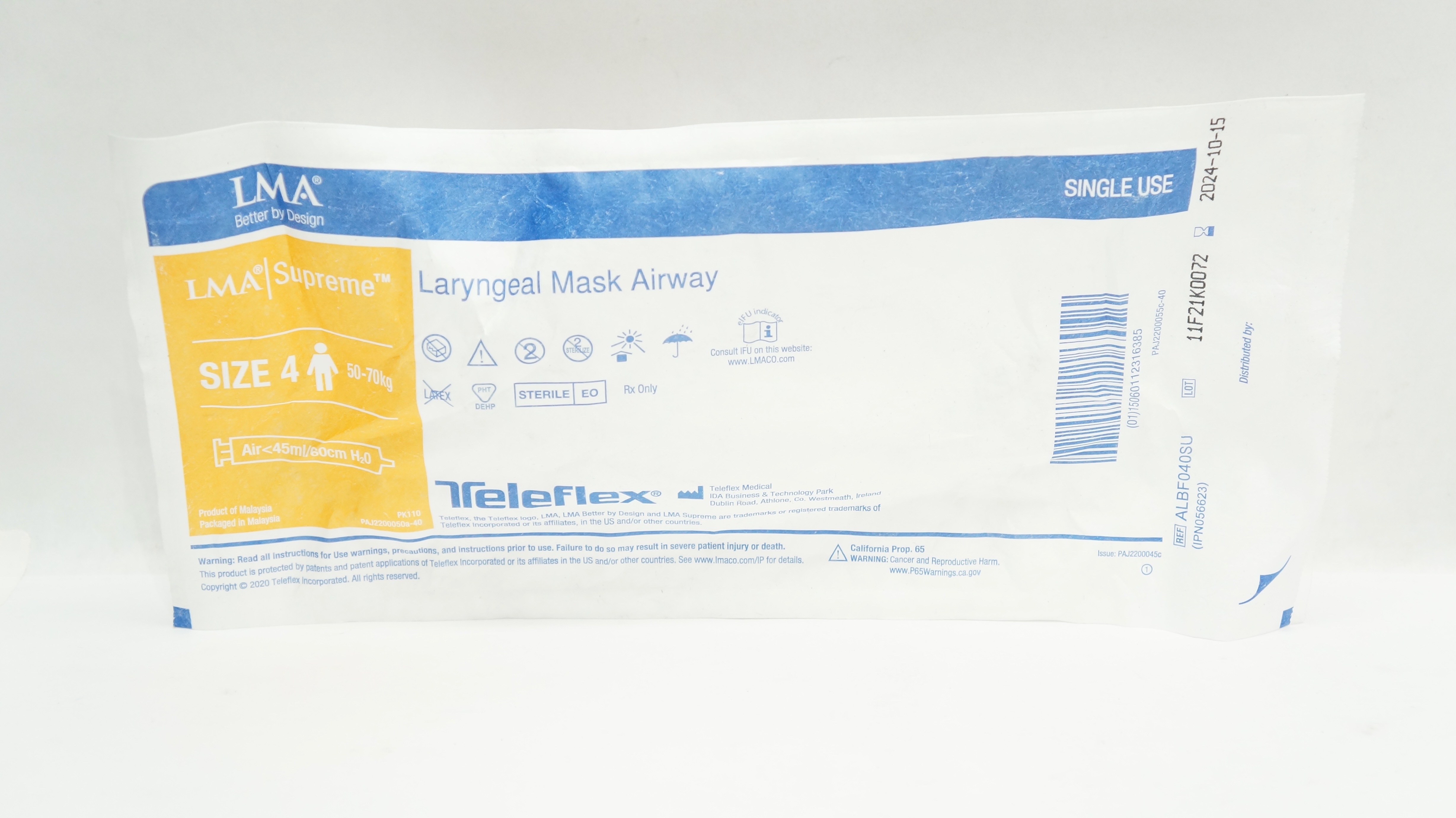 Teleflex ALBF040SU LMA Laryngeal Mask Airway Size 4 50-70kg, Air<45/60cm H2O