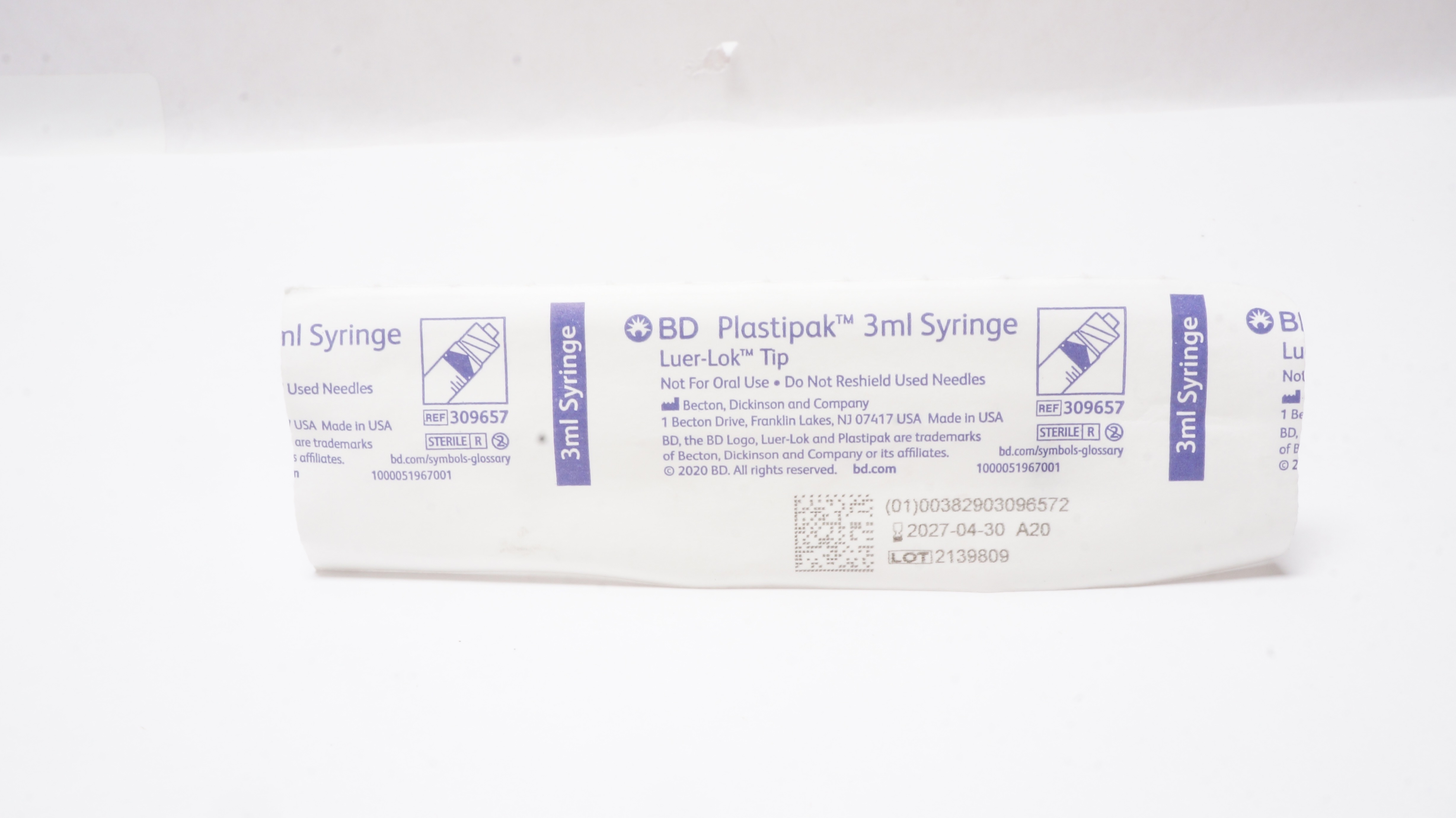 BD 309657 Plastipak Luer-Lok Tip Syringe 3mL