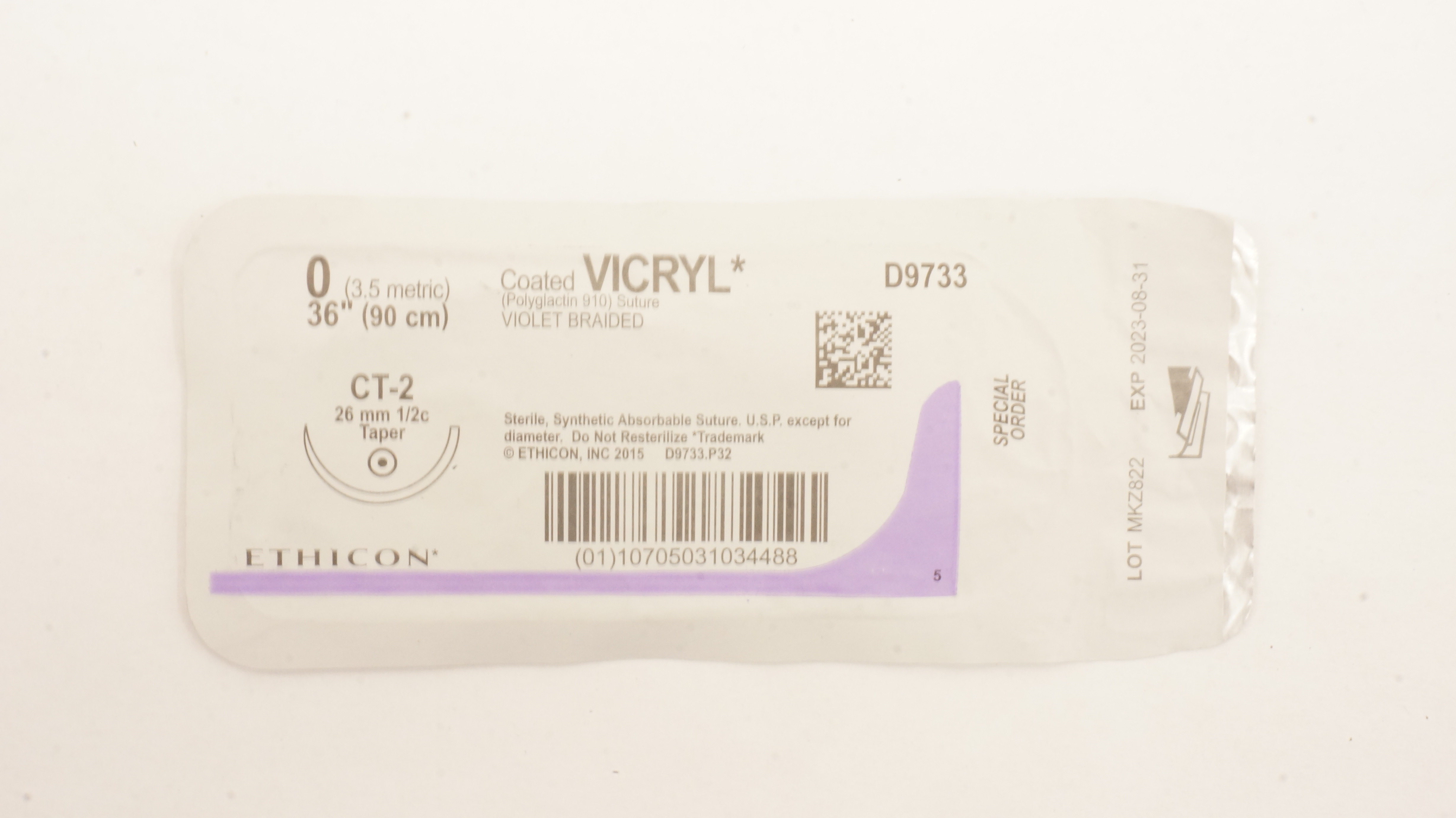 Ethicon D9733 0 Coated VICRYL,CT-2,  26mm 1/2c Taper,  36inch (x)