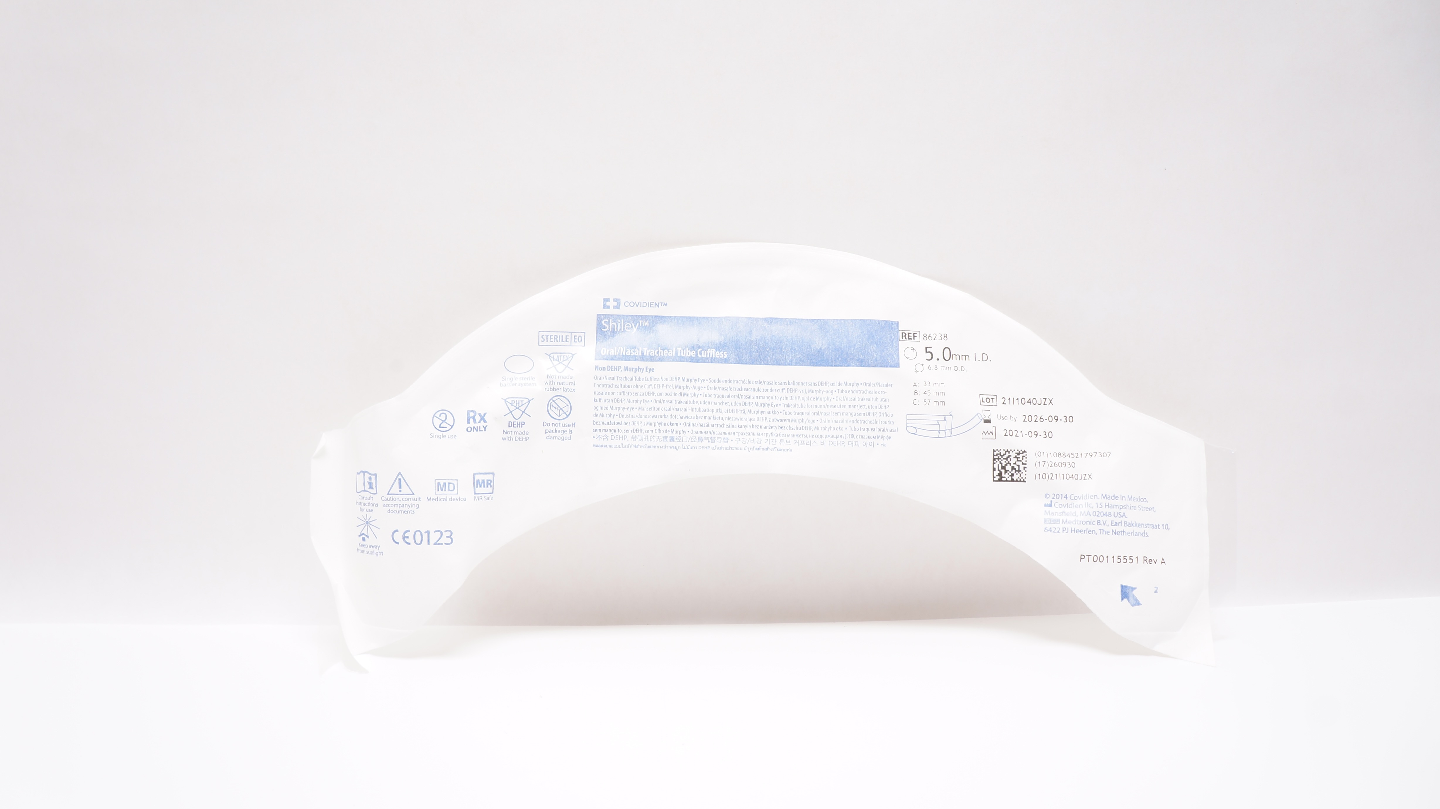 Covidien 86238 Shiley Oral/Nasal Tracheal Tube Cuffless 5.0mm ID x 6.8mm OD
