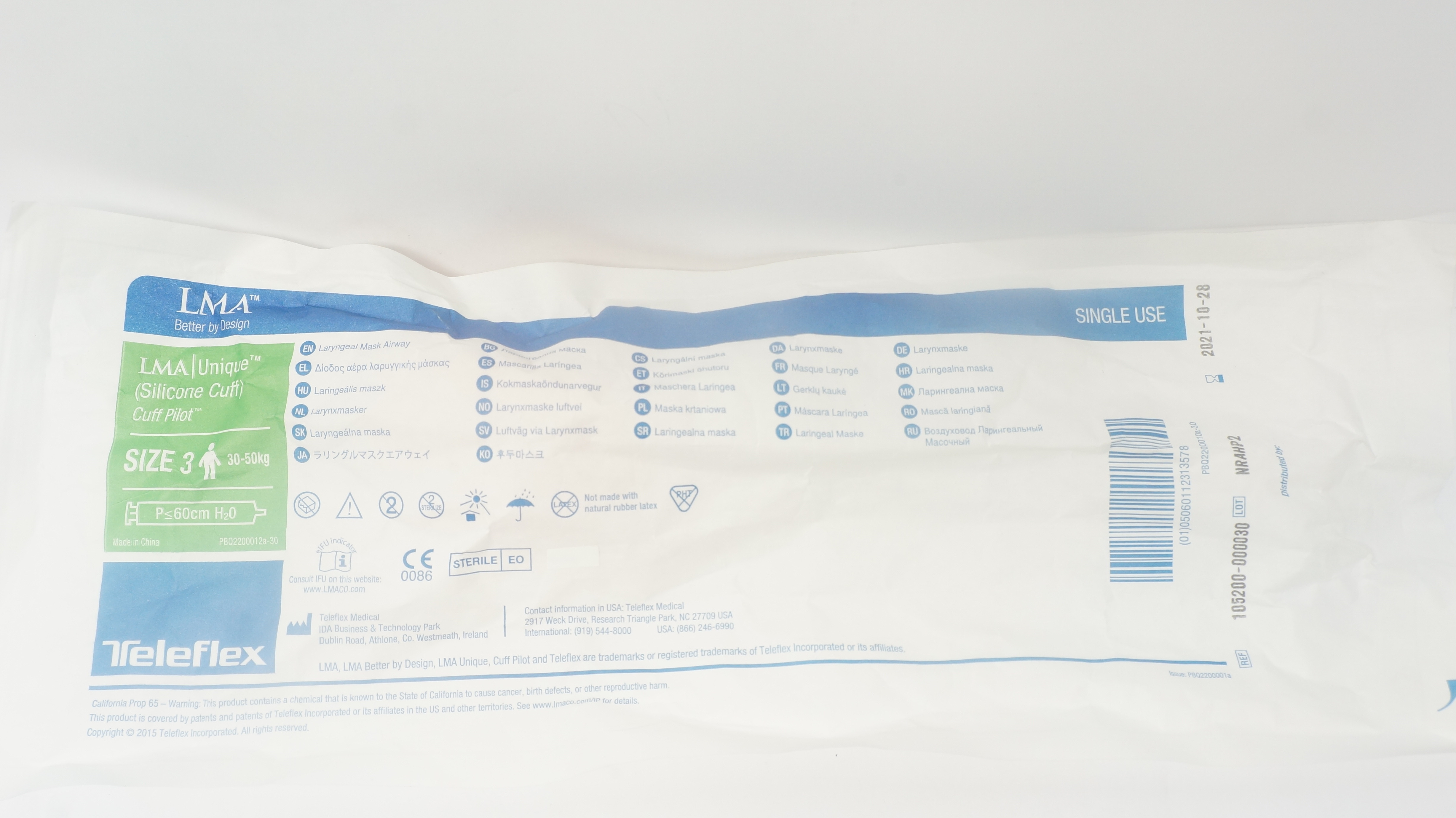 Teleflex 105200-000030 LMA Unique Laryngeal Mask Airway Size 3, 30-50kg (x)