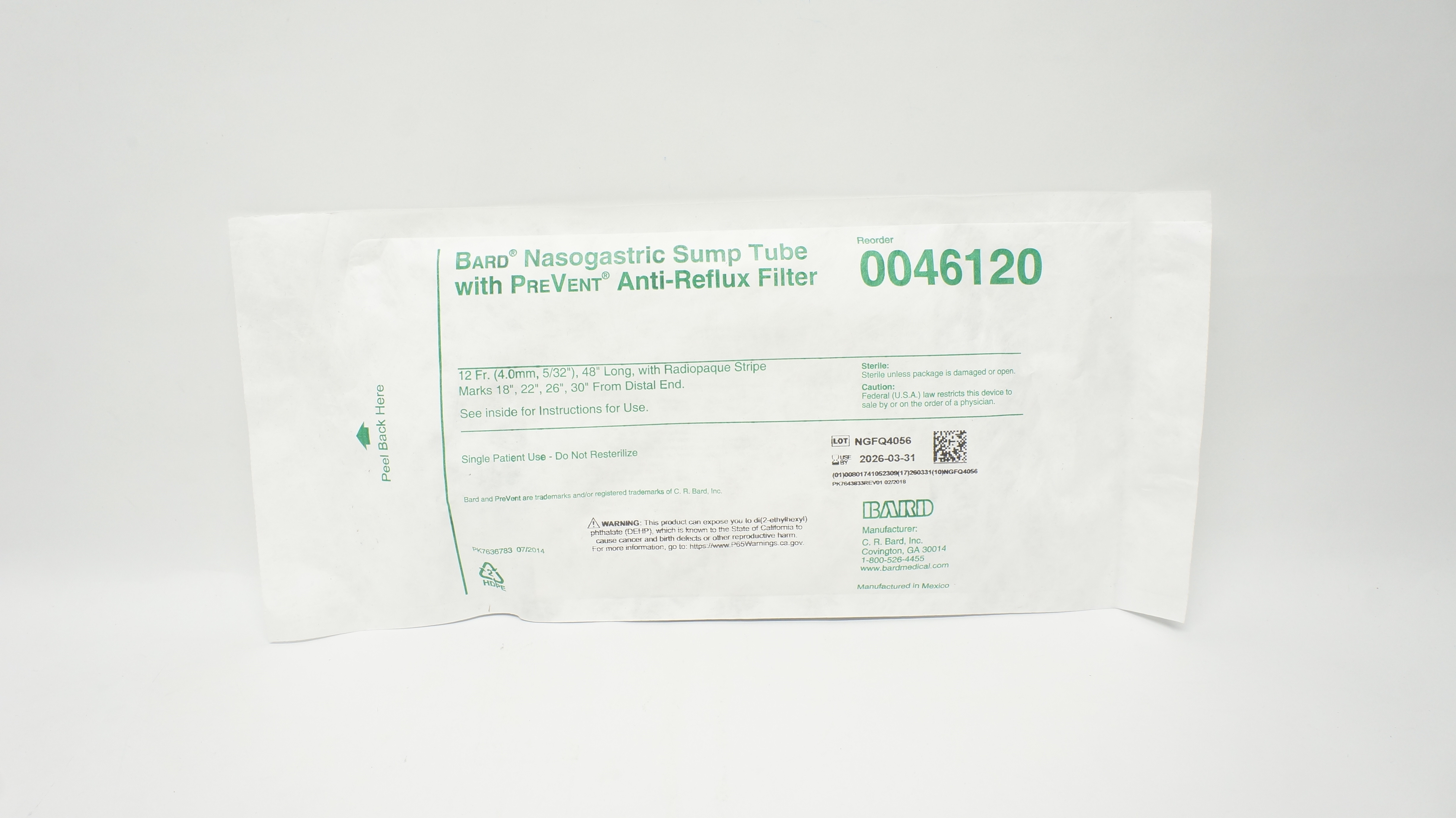 Bard 0046120 Nasogastric Sump Tube with PreVent Anti-Reflux Filter