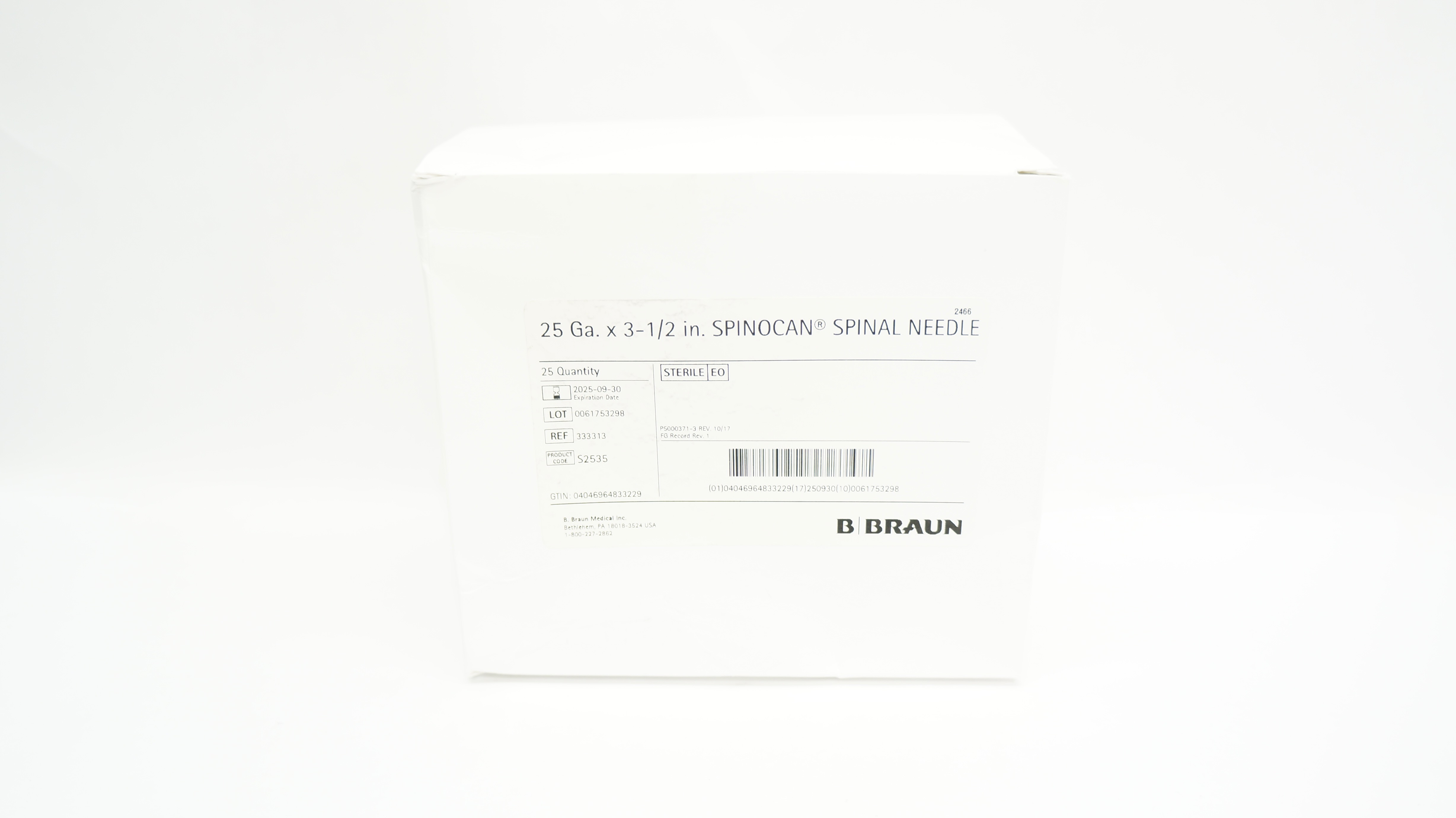 B.Braun 333313 Spinocan Spinal Ndle 25 GA. x 3-1/2 inch - Box of 25