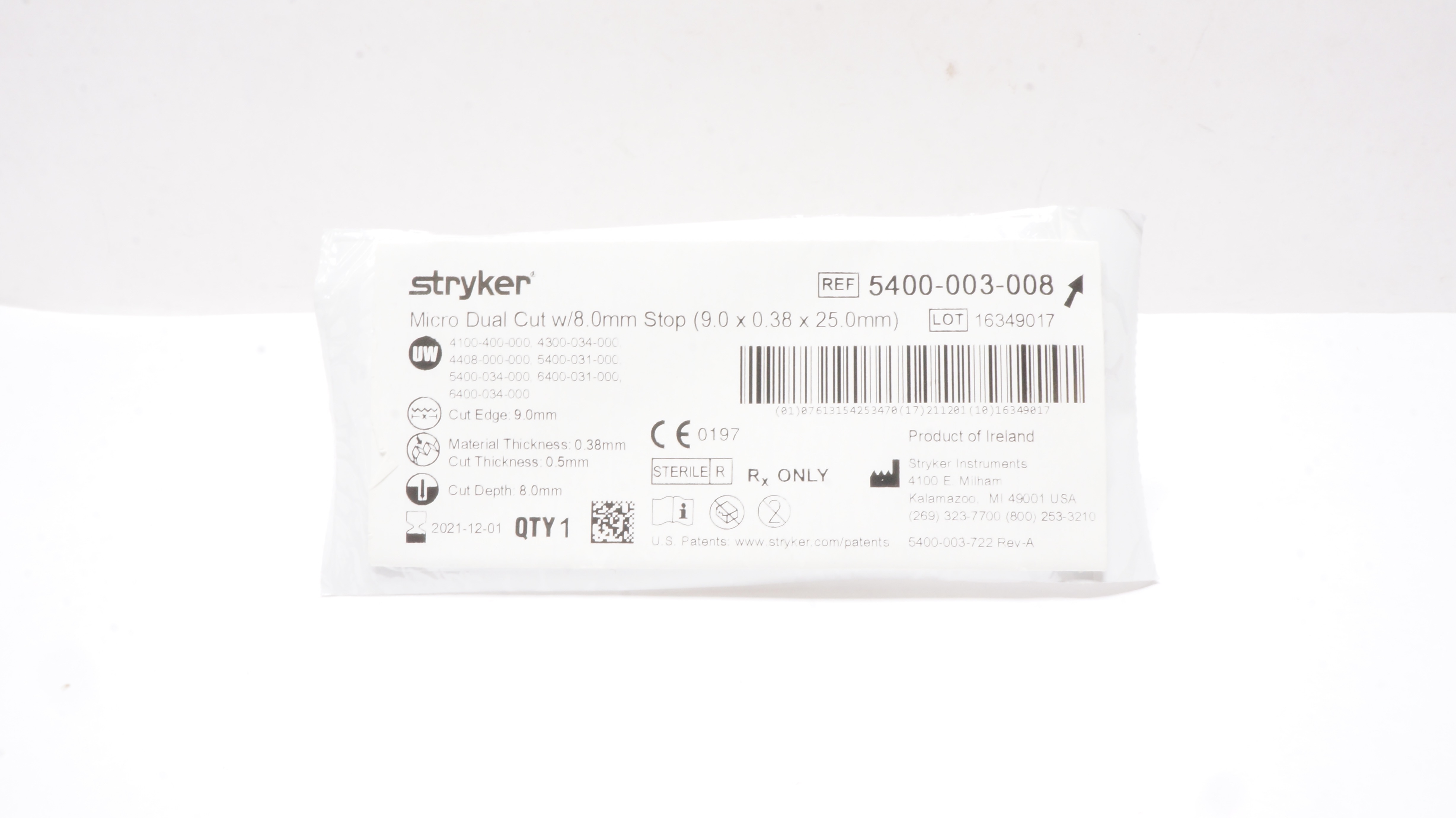 Stryker 5400-003-008 Micro Dual Cut w/8.0mm Stop 9.0 x 0.38 x 25.0mm (x)