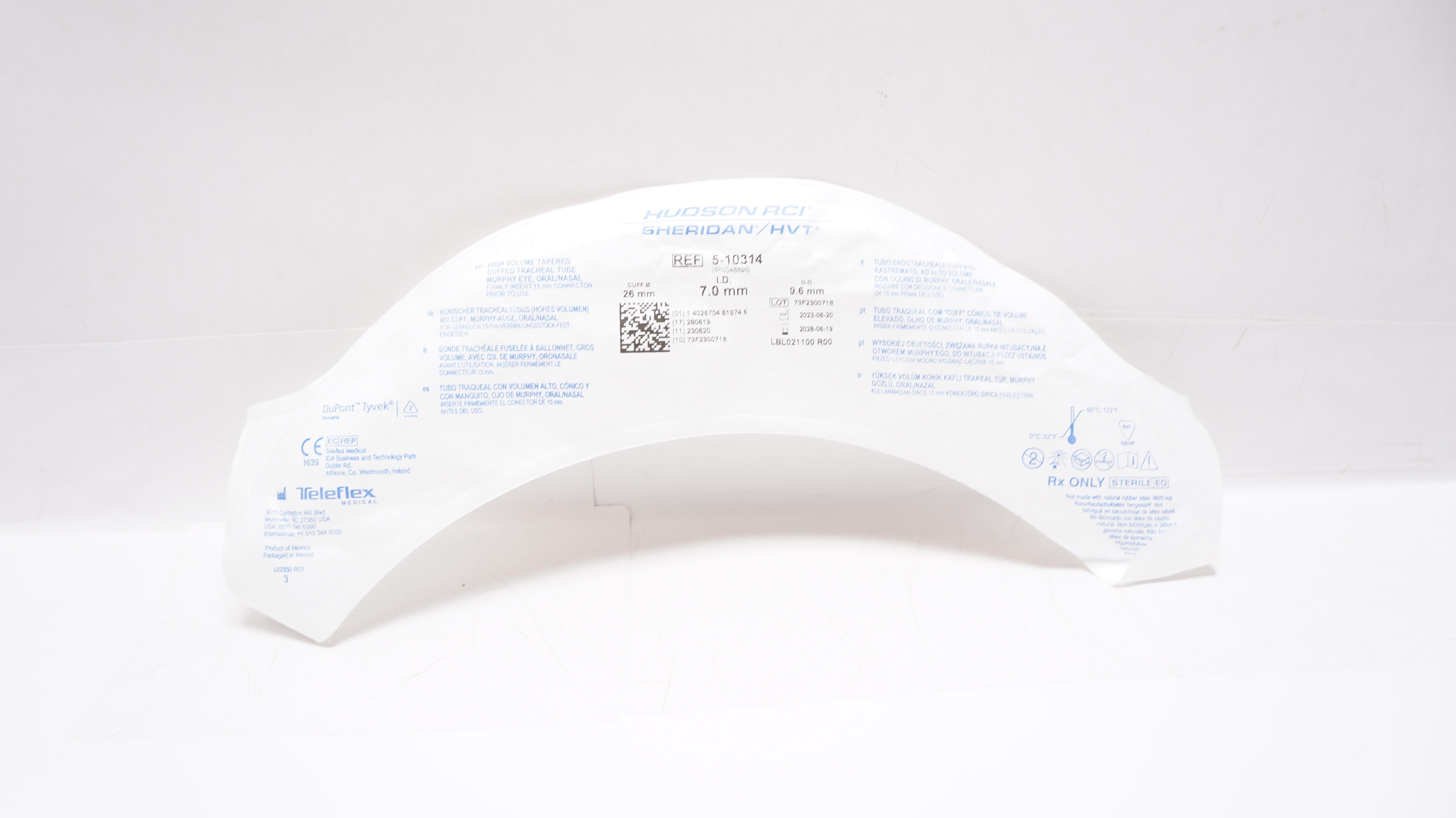 Teleflex 5-10314 Hudson RCI Sheridan Cuffed Tracheal Tube 7.0 ID x 9.6OD x 26mm