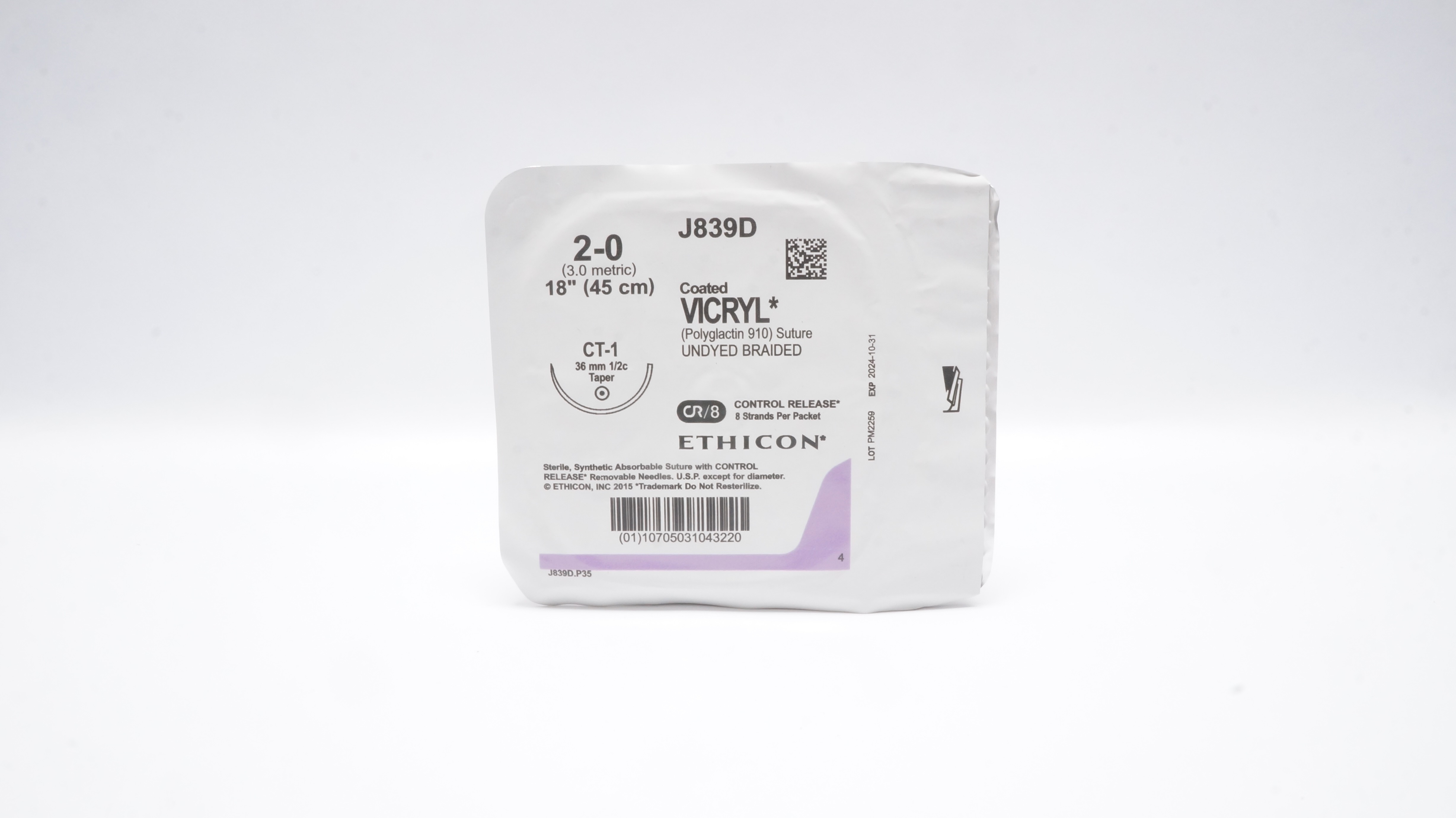 Ethicon J839D 2-0 Coated VICRYL Polyglactin Stre CT-1 36mm 1/2c Taper, 18inch(x)