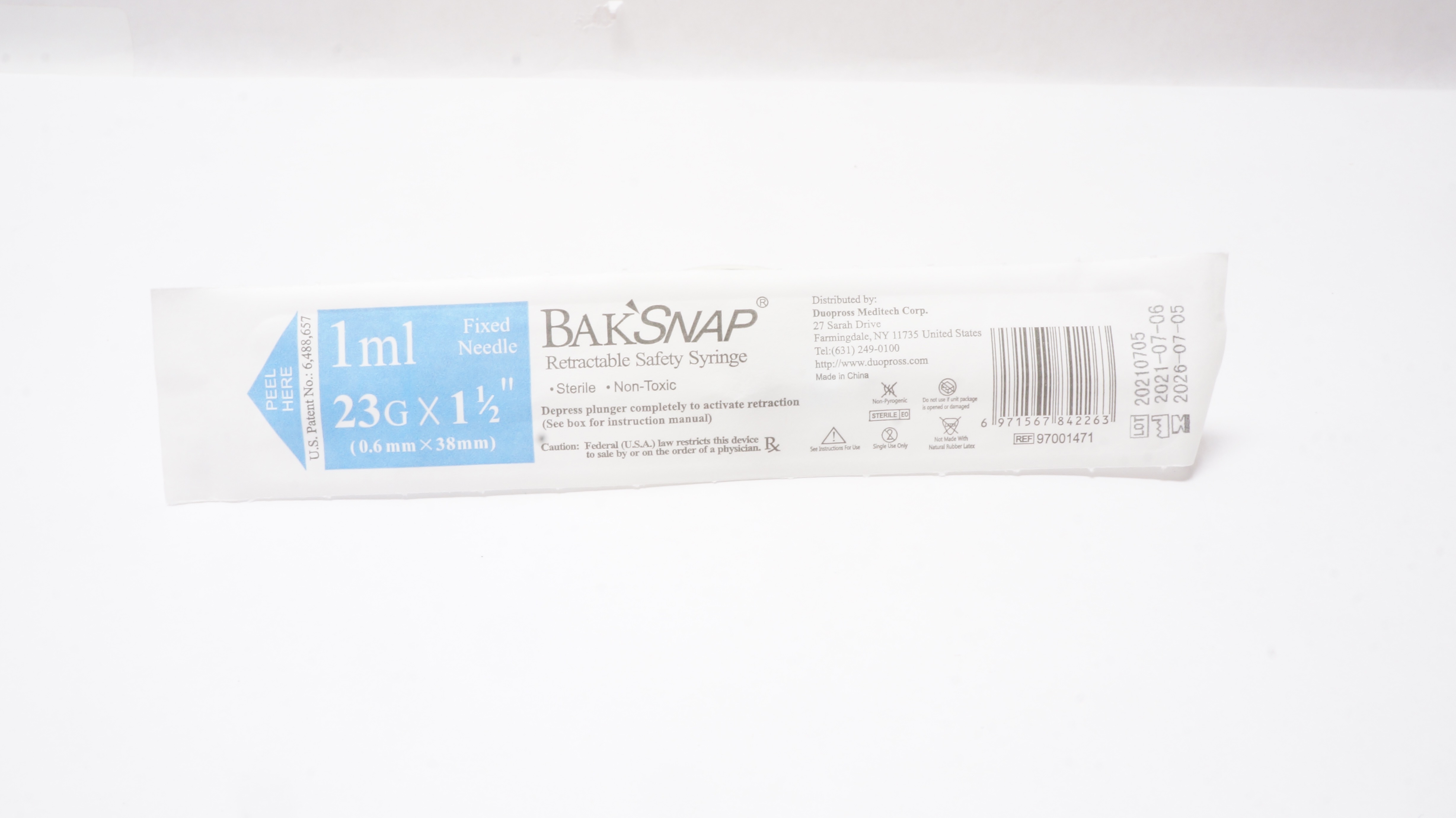Duopross 97001471 BakSnap Retractable Safety Syringe 1mL, 23G x 1,5inch