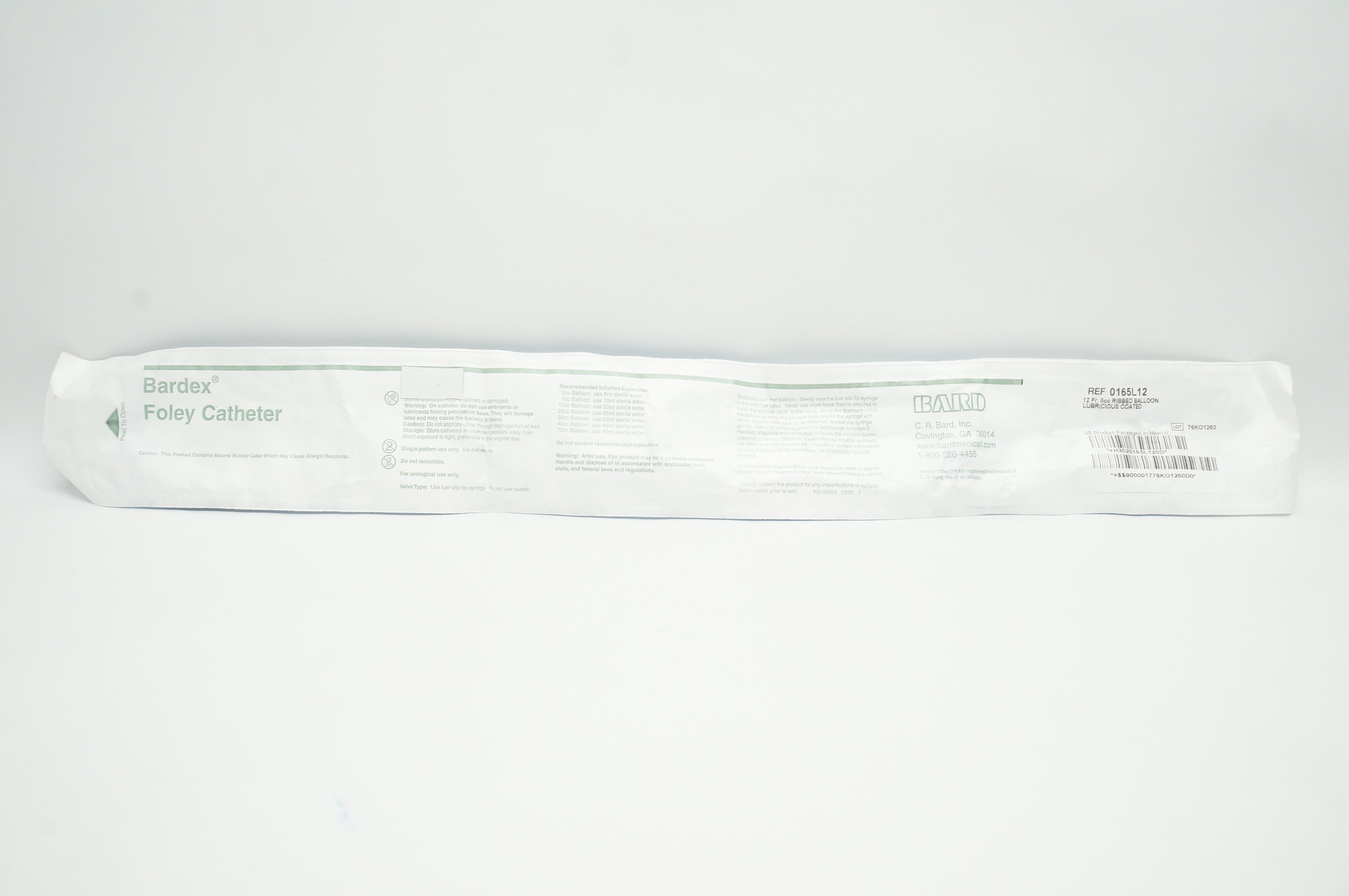 Bard 0165L12 Bardex Foley Cath. Ribbed Balloon Lubricious Coated 12Fr x 5cc (x)