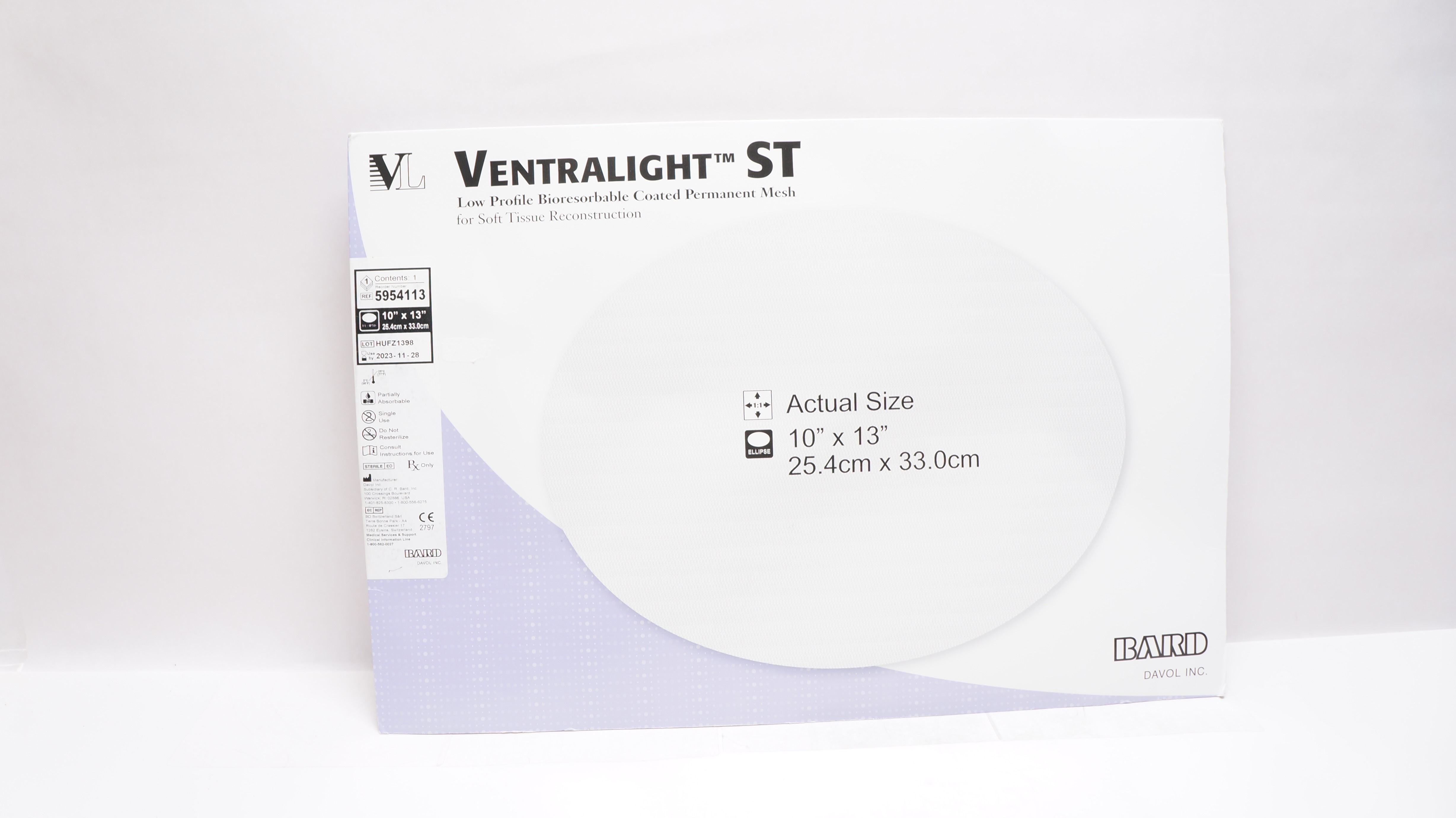 Bard 5954113 Ventralight ST Low Profile Bioresorbable Coated Mesh 10 x 13inch(x)