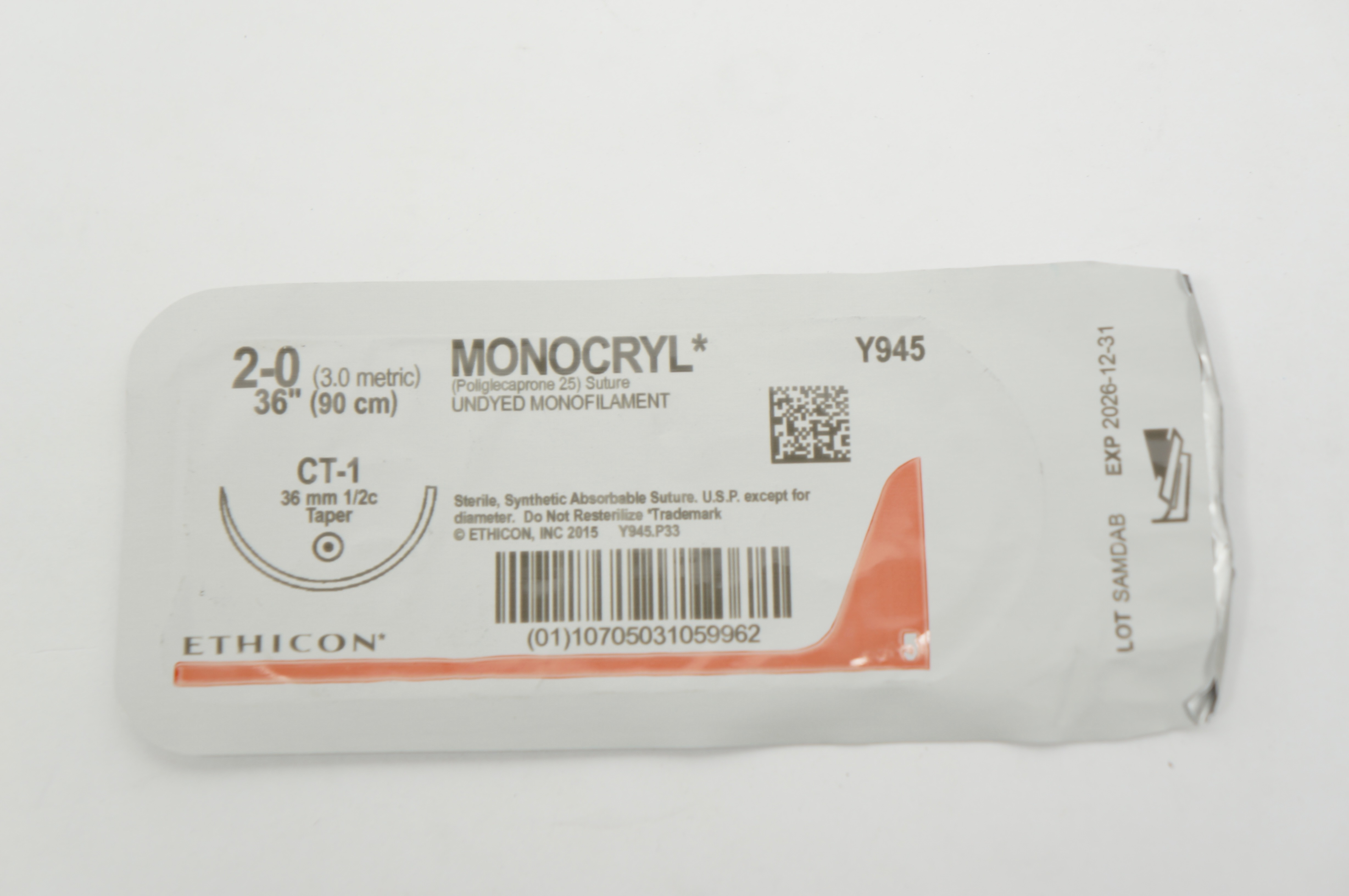 Ethicon Y945 2-0 MONOCRYL Poliglecaprone 25 Stre CT-1 36mm 1/2c Taper, 36inch