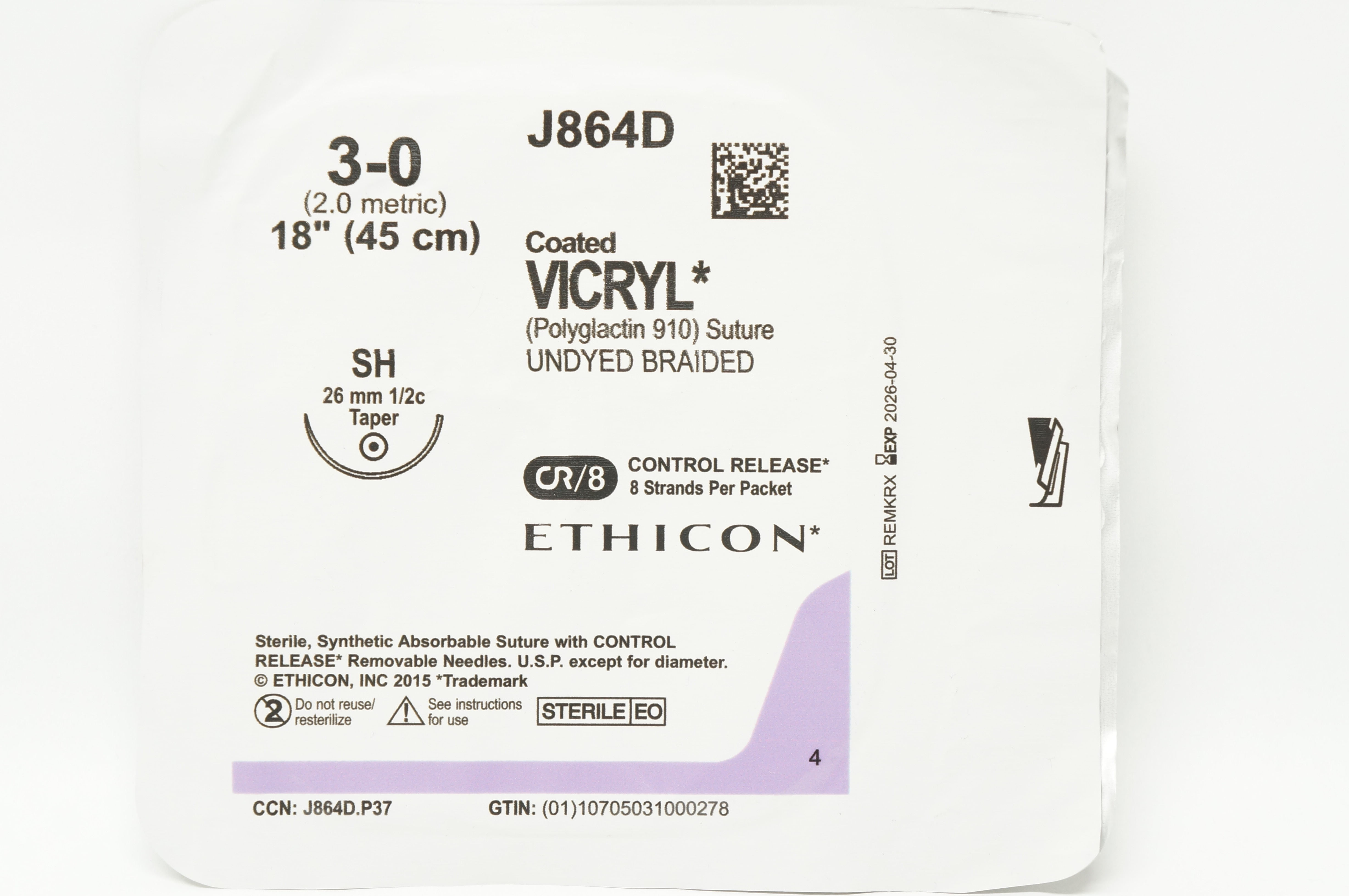 Ethicon J864D 3-0 Coated VICRYL Stre SH 26mm 1/2c Taper 18inch