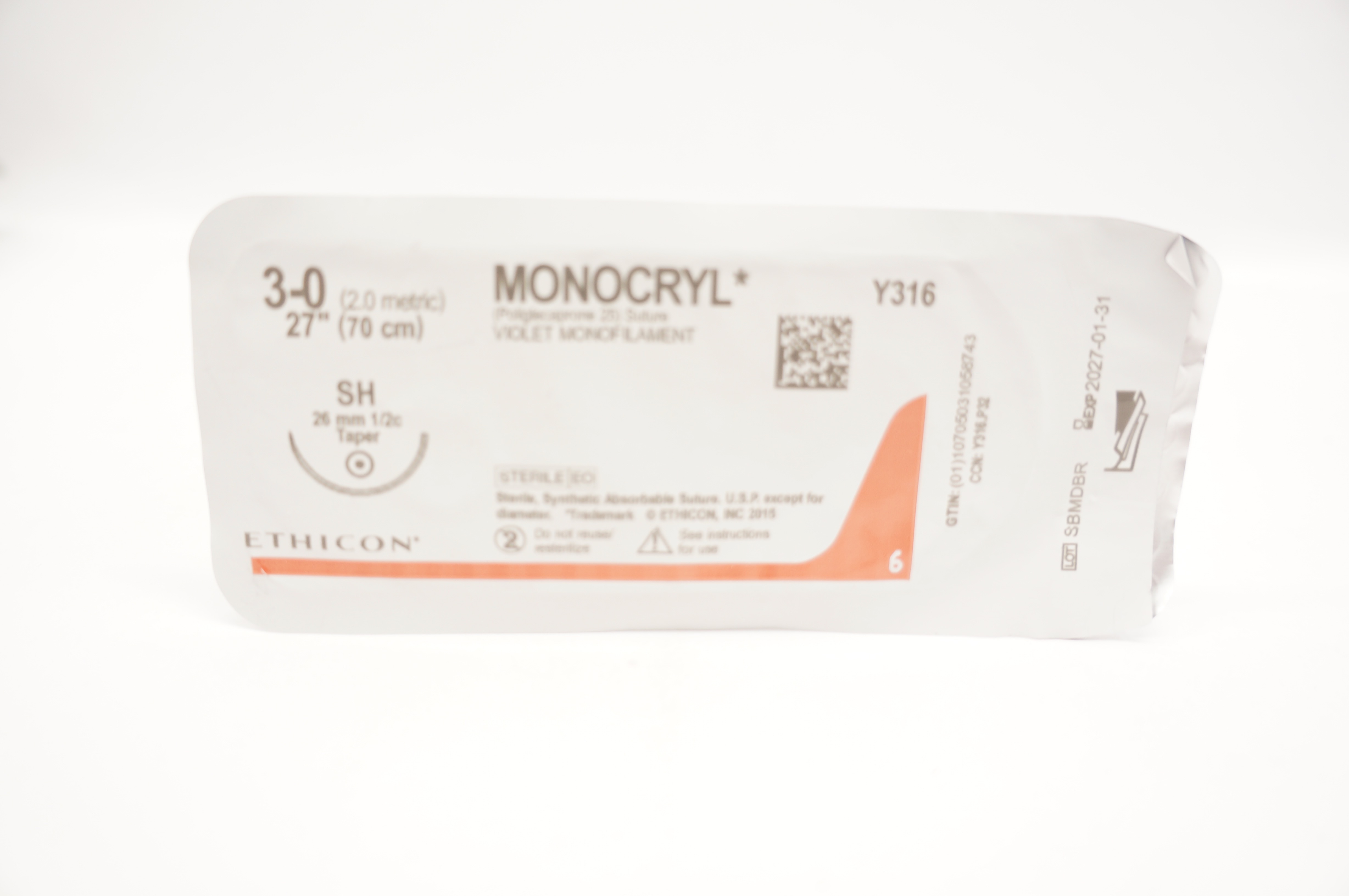 Ethicon Y316 3-0 Monocryl Stre Violet Monofilament, SH 26mm 1/2c Taper, 27 inch