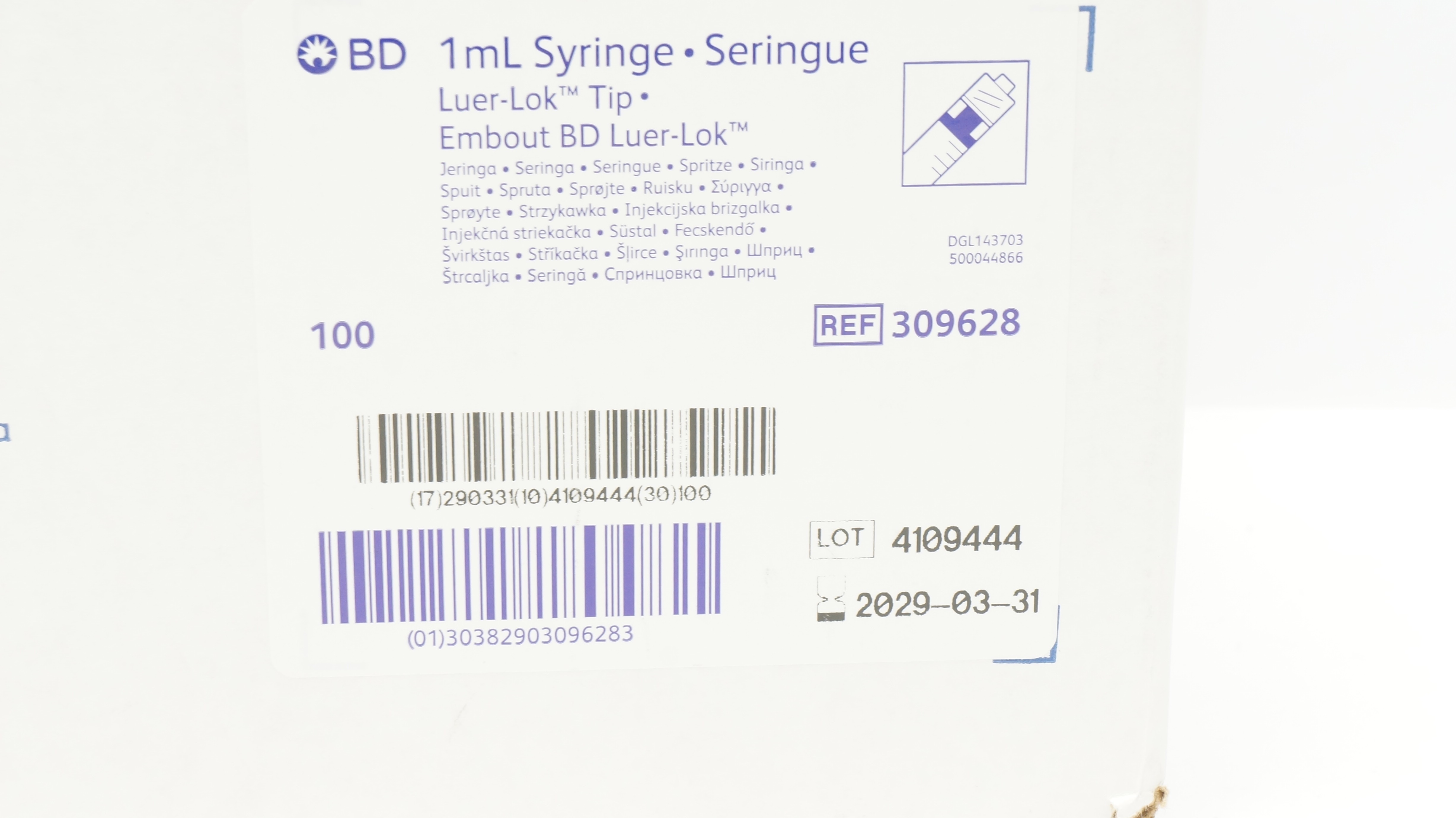 BD 309628 1ml Luer Lok Tip Syringe - Box of 93
