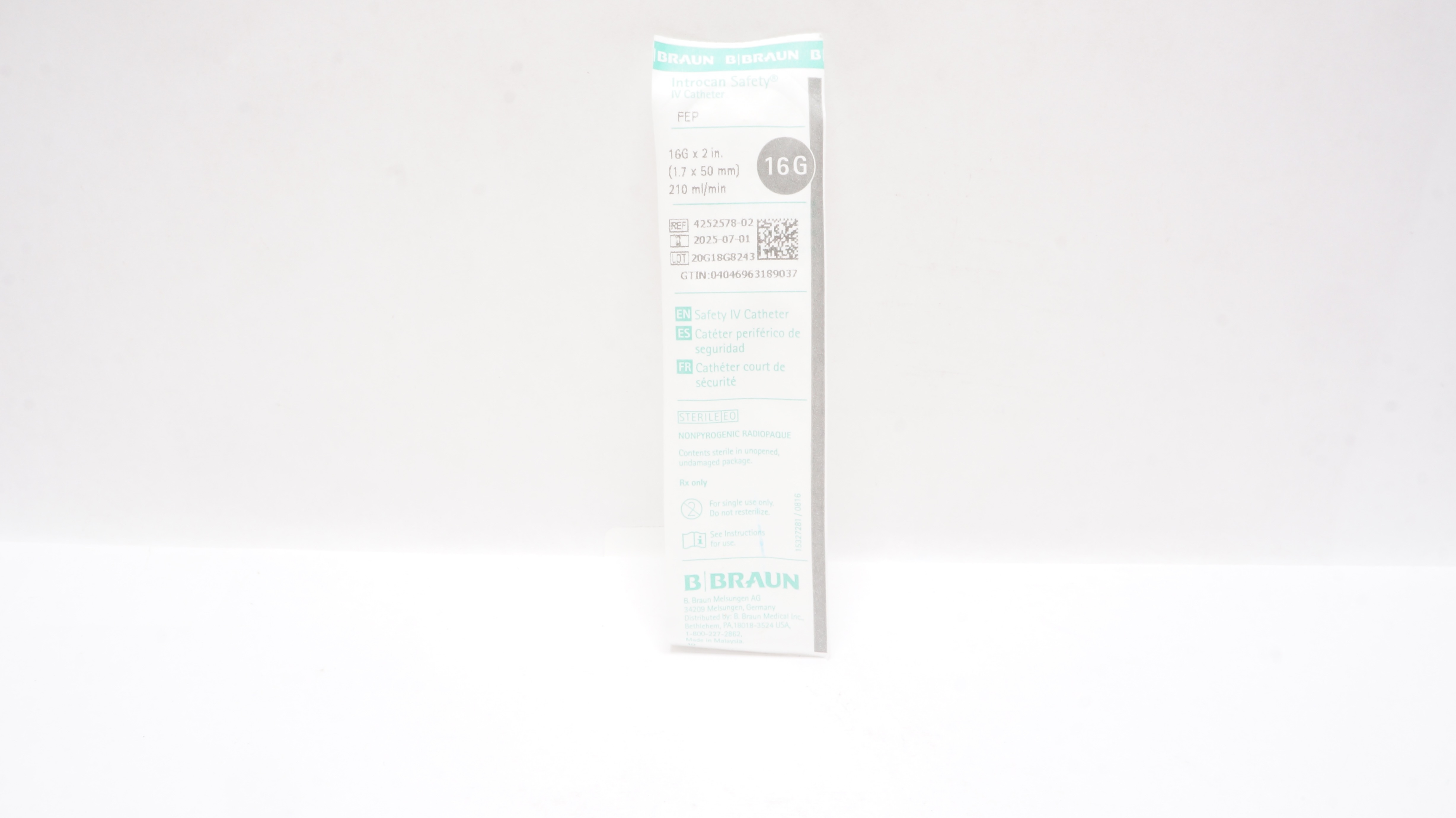 Braun 4252578-02 Introcan Safety IV Cath. 16G x 2inch 210ml