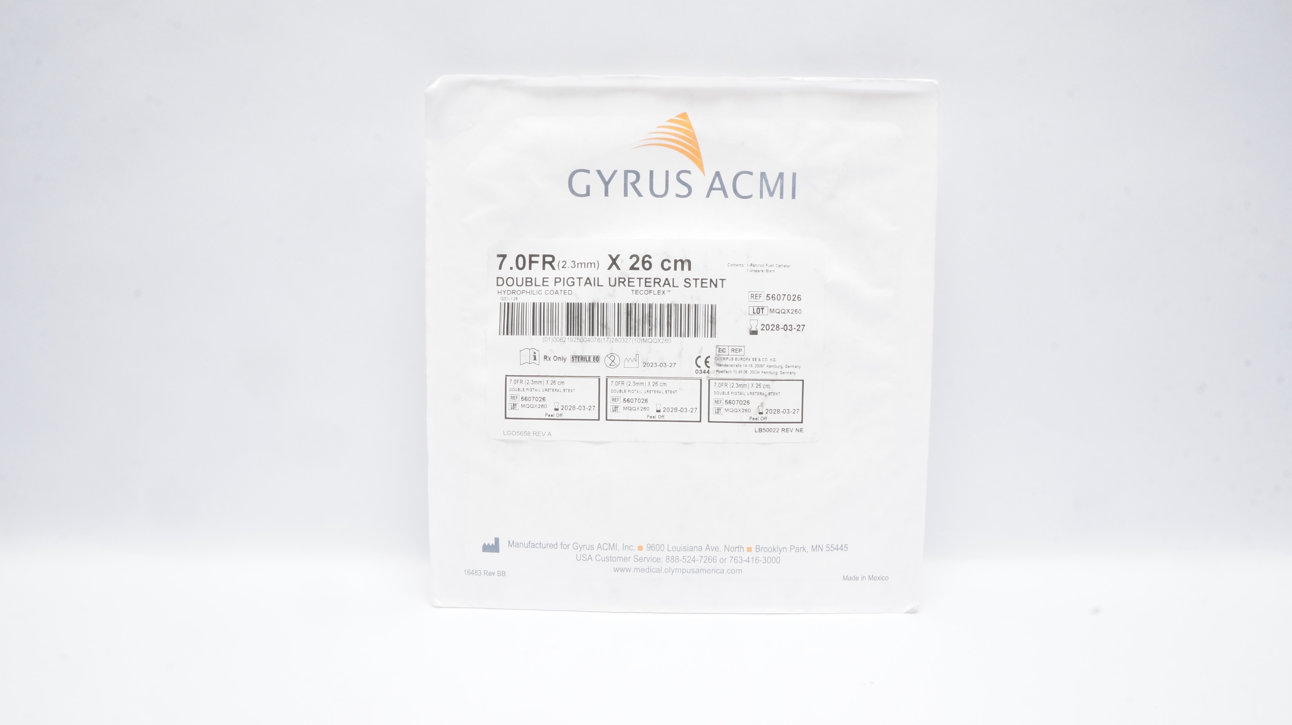 Gyrus ACMI 5607026 Double Pigtail Ureteral Stnt Hydrophilic Coated 7.0Fr x 26cm