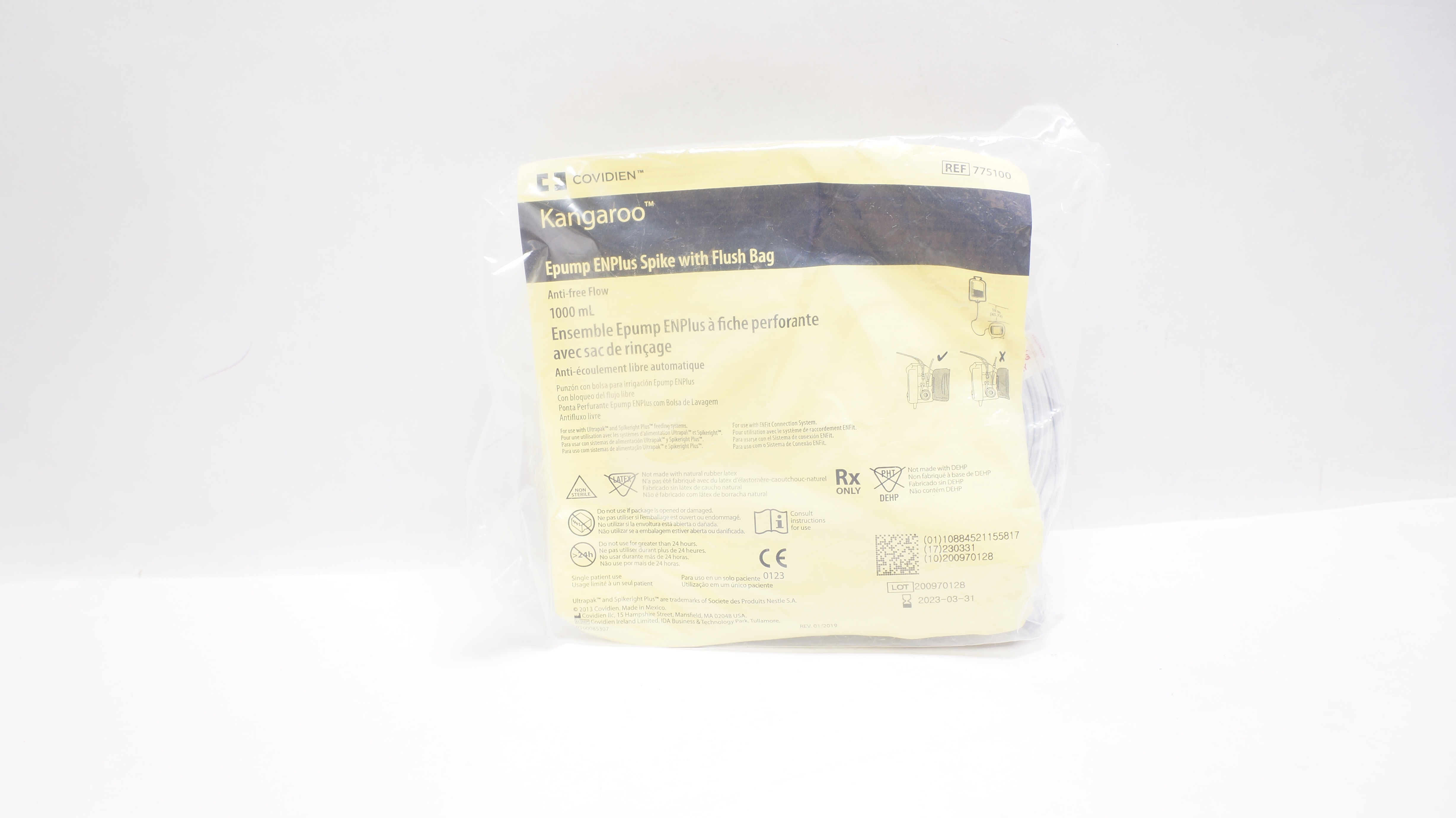 Covidien 775100 Kangaroo Epump ENPlus Spike w Flush Bag Anti-free Flow 1000mL(x)