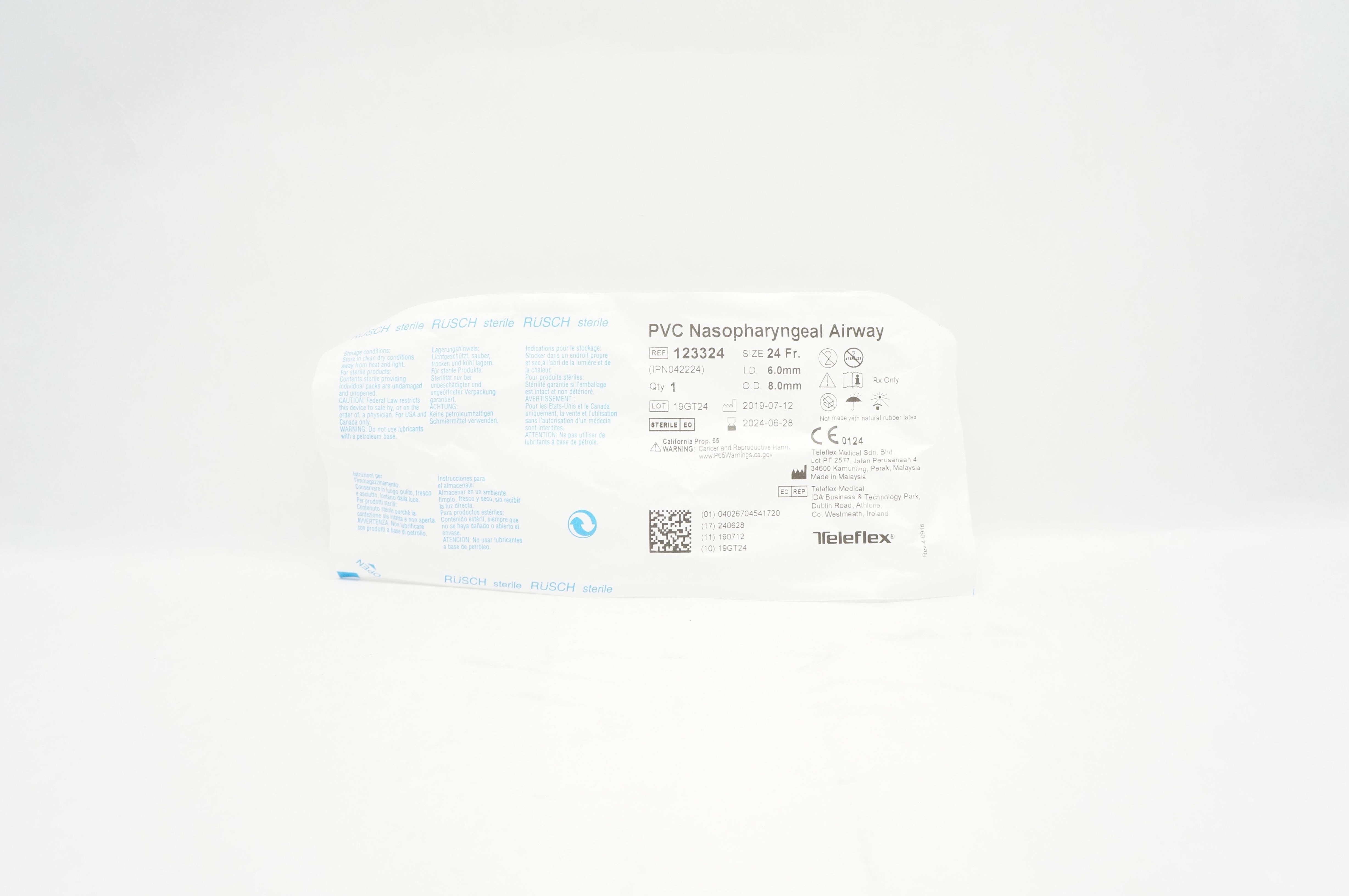 Teleflex 123324 Rusch PVC Nasopharyngeal Airway 24 Fr x 6.0mm ID x 8.0mm OD