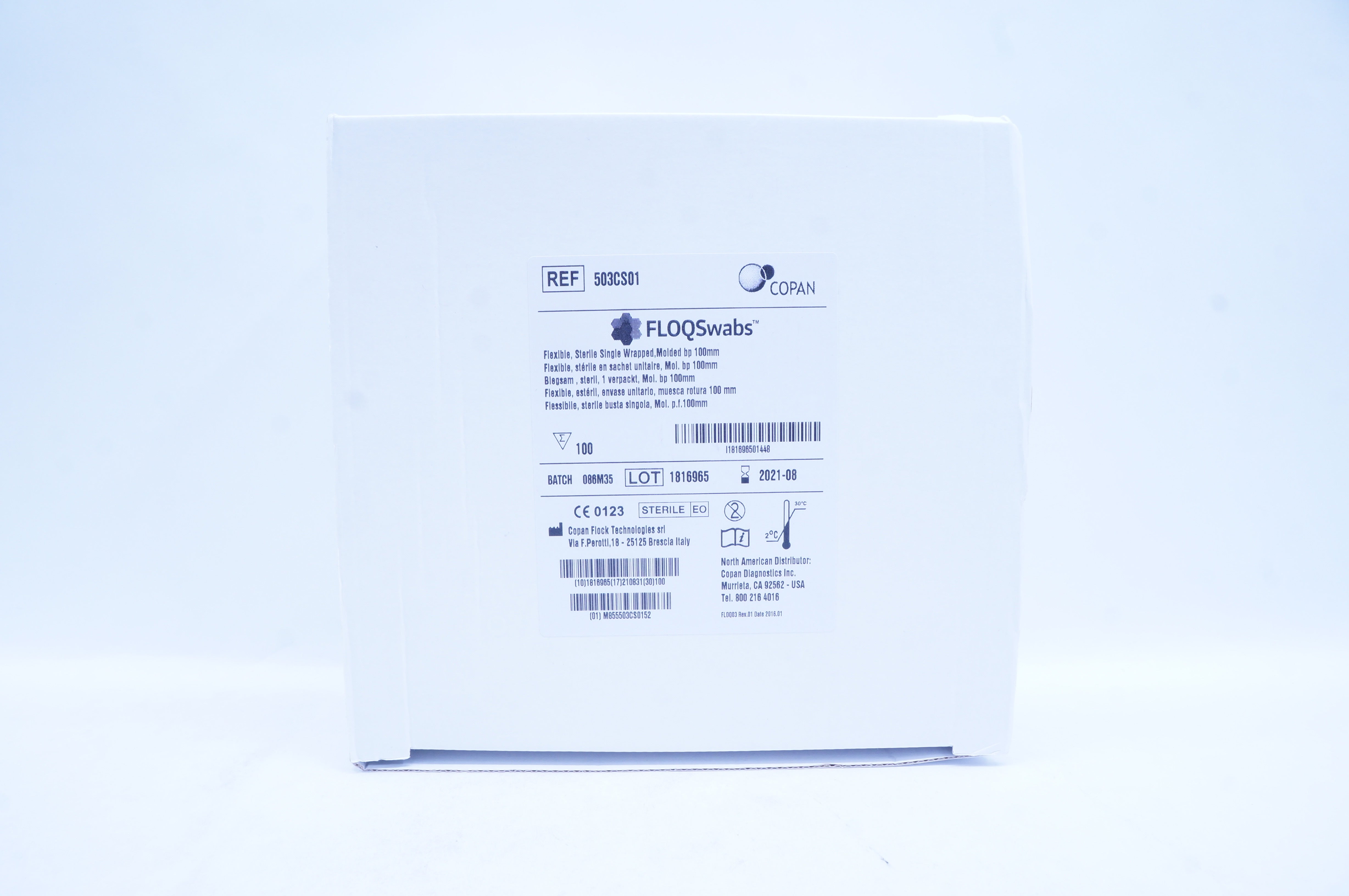 Copan 503CS01 FLOQSwabs Flexible, Single Wrapped, Molded bp 100mm Box
