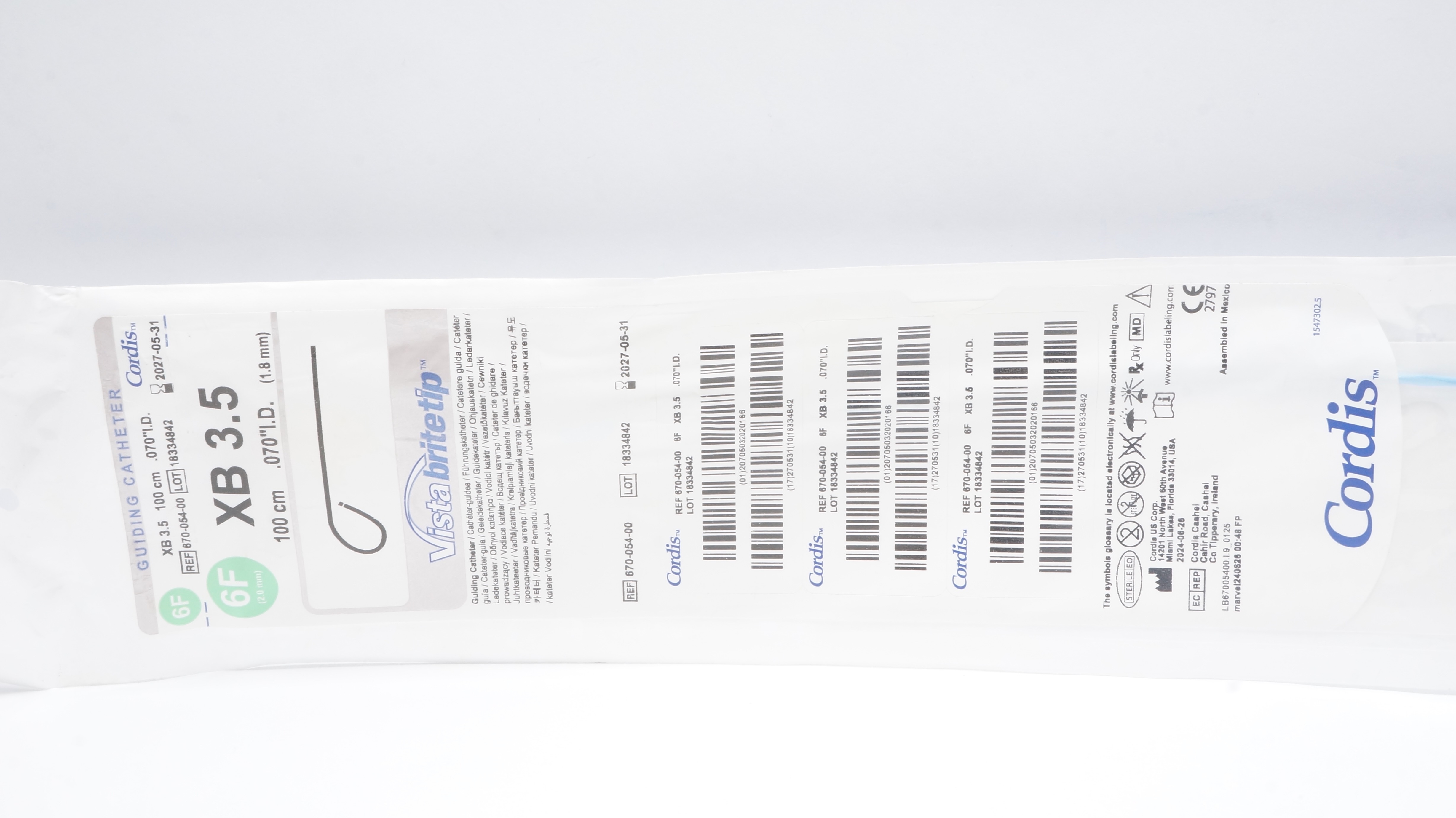 Cordis 670-054-00 VistaBriteTip XB 3.5 Guiding Cath. 6F x .070inch I.D. x 100cm
