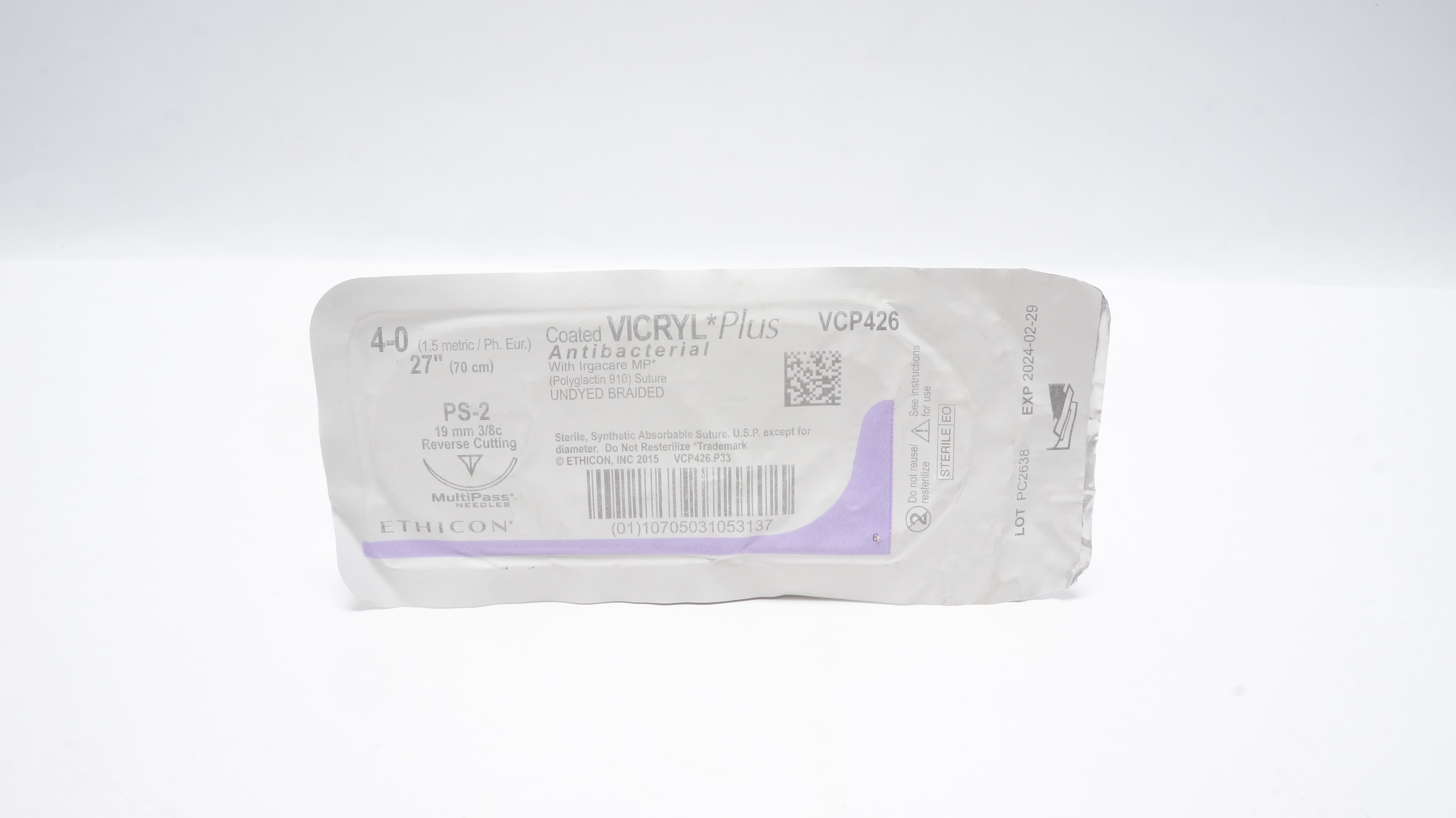 Ethicon VCP426 4-0 Vicryl Plus Stre PS-2 19mm 3/8c Reverse Cutting 27inch (x)