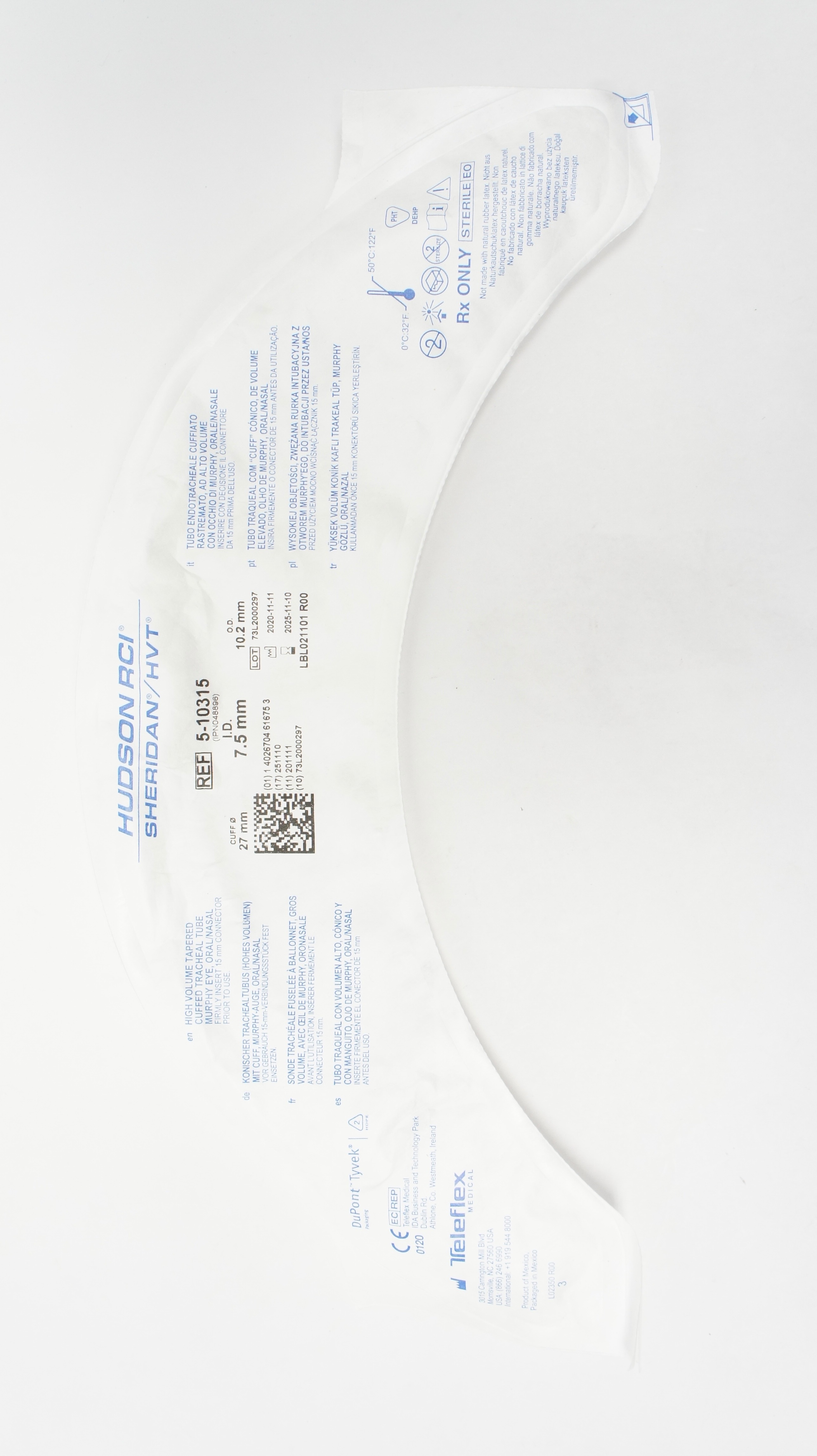 Teleflex 5-10315 Hudson RCI Sheridan HVT Cuffed Tracheal Tube 7.5 x 10.2 x 27mm