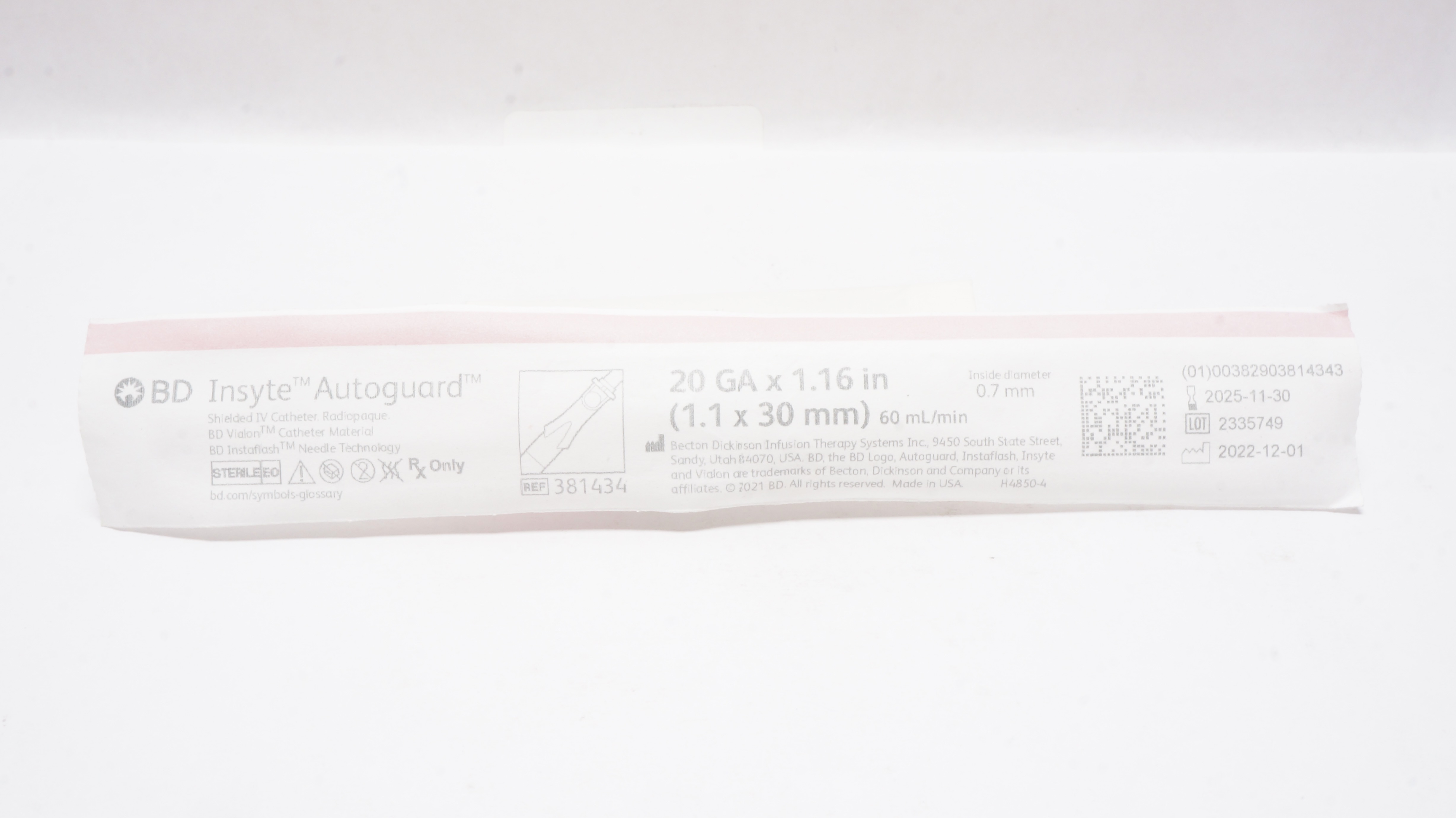 BD 381434 Insyte Autoguard Shielded IV Cath. 20Ga x 1.16inch 60mL/min