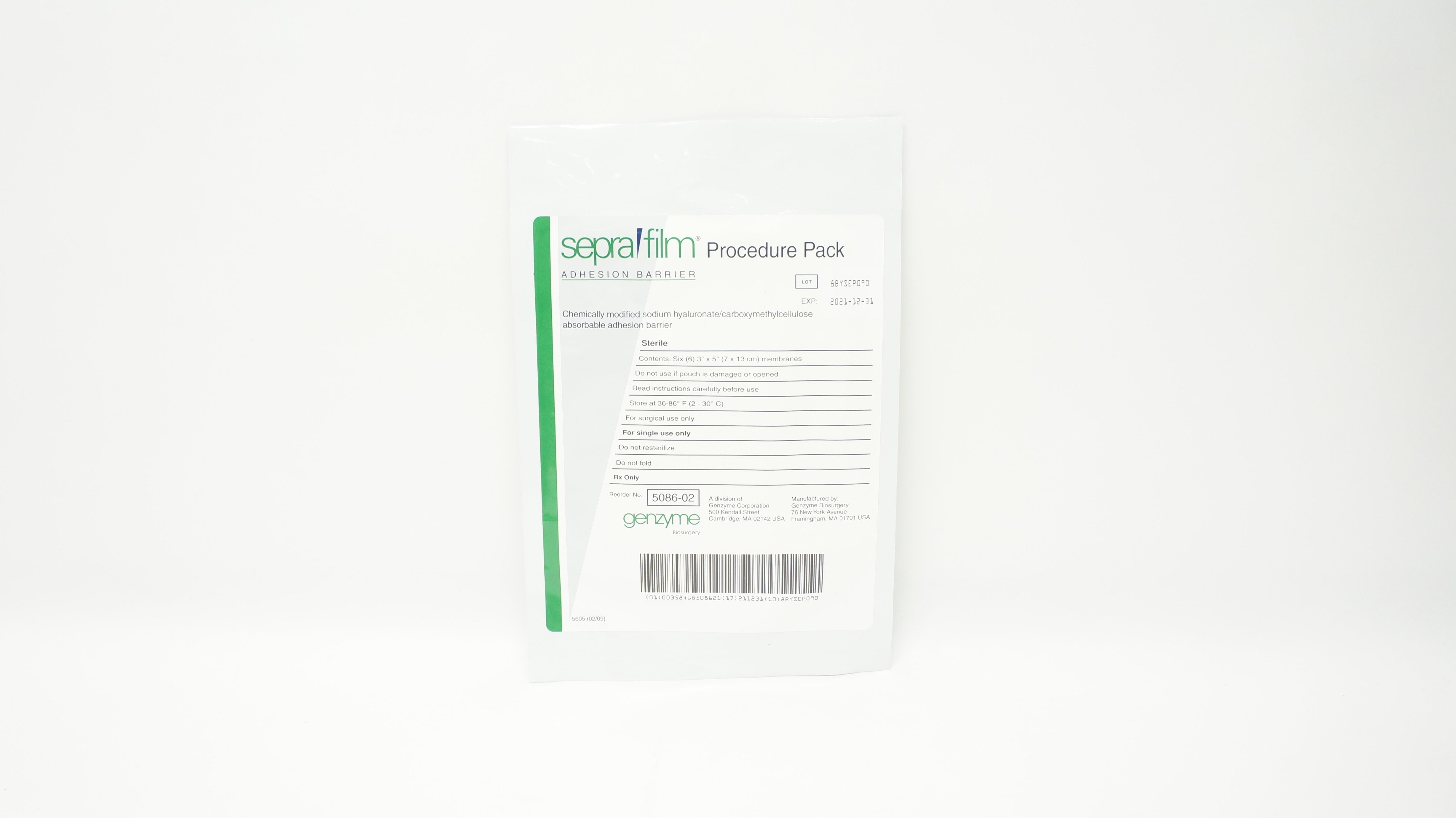 Genzyme 5086-02 Seprafilm Adhesion Barrier 3 x 5inch Membranes (x) - Box of 5