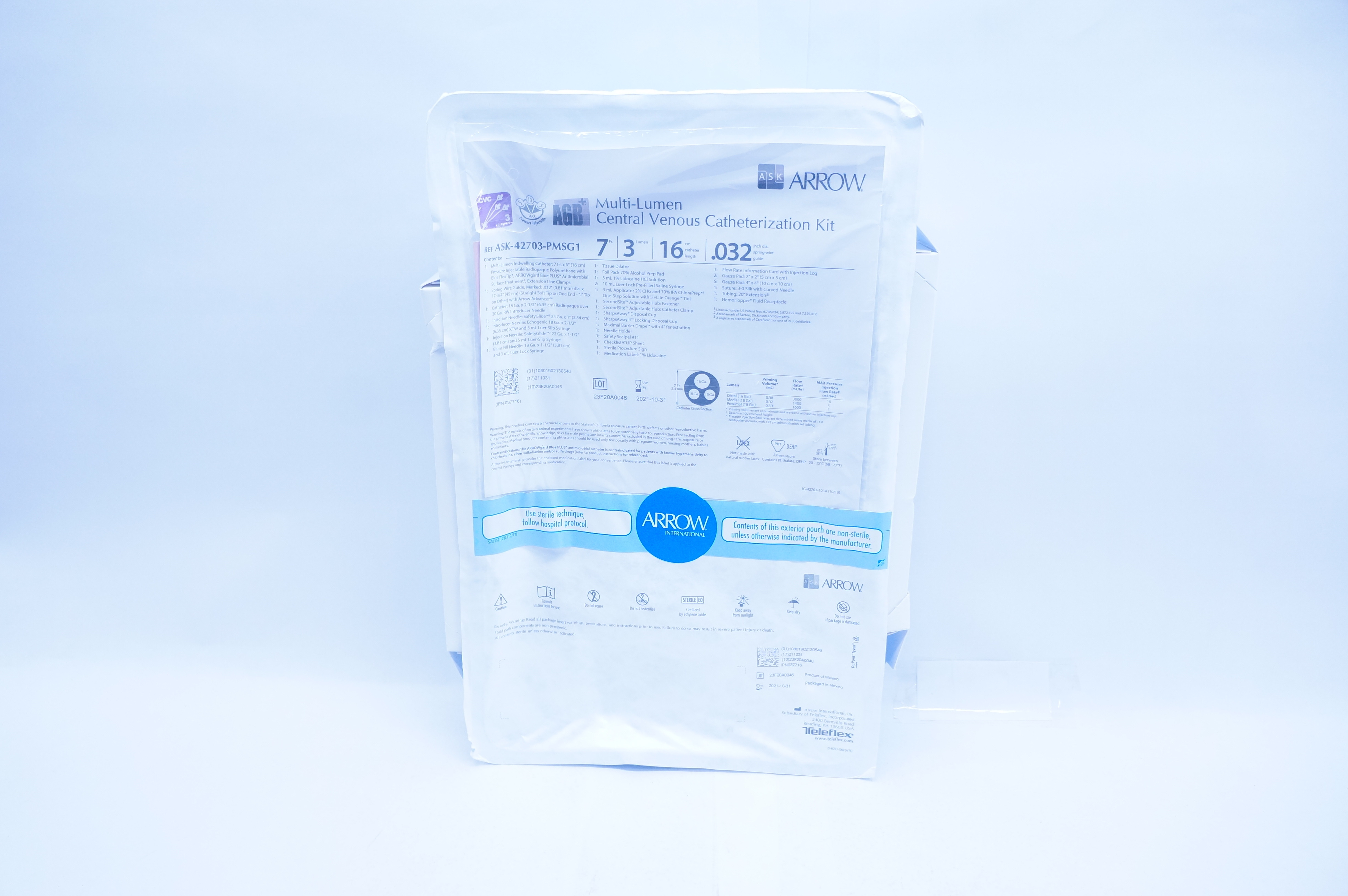 Arrow ASK-42703-PMSG1 Central Venous Cath. Kit 7Fr 3 Lumen 16cm x .032inch