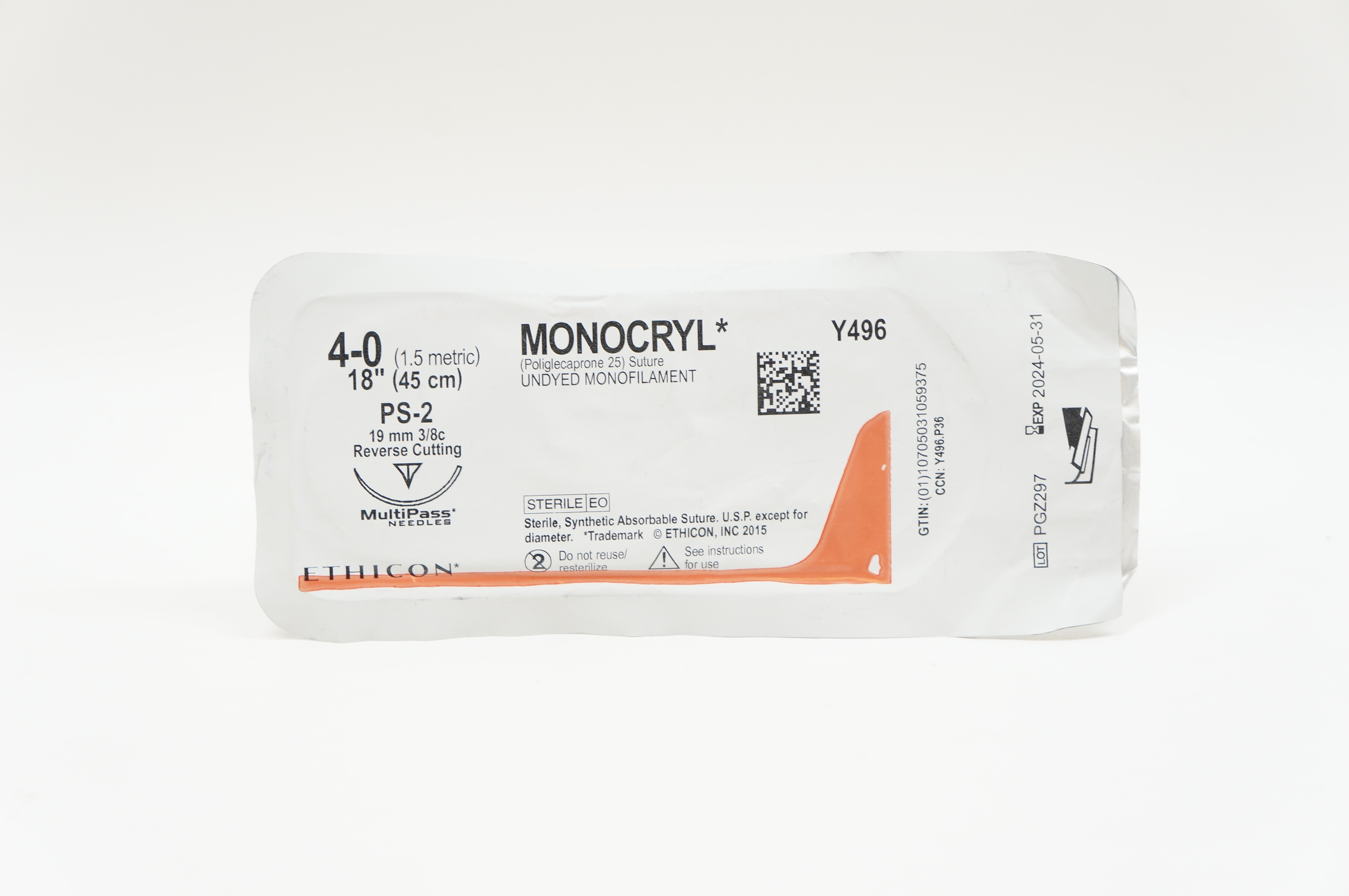 Ethicon Y496 4-0 MONOCRYL, PS-2, 19mm 3/8c Reverse Cutting, 18inch