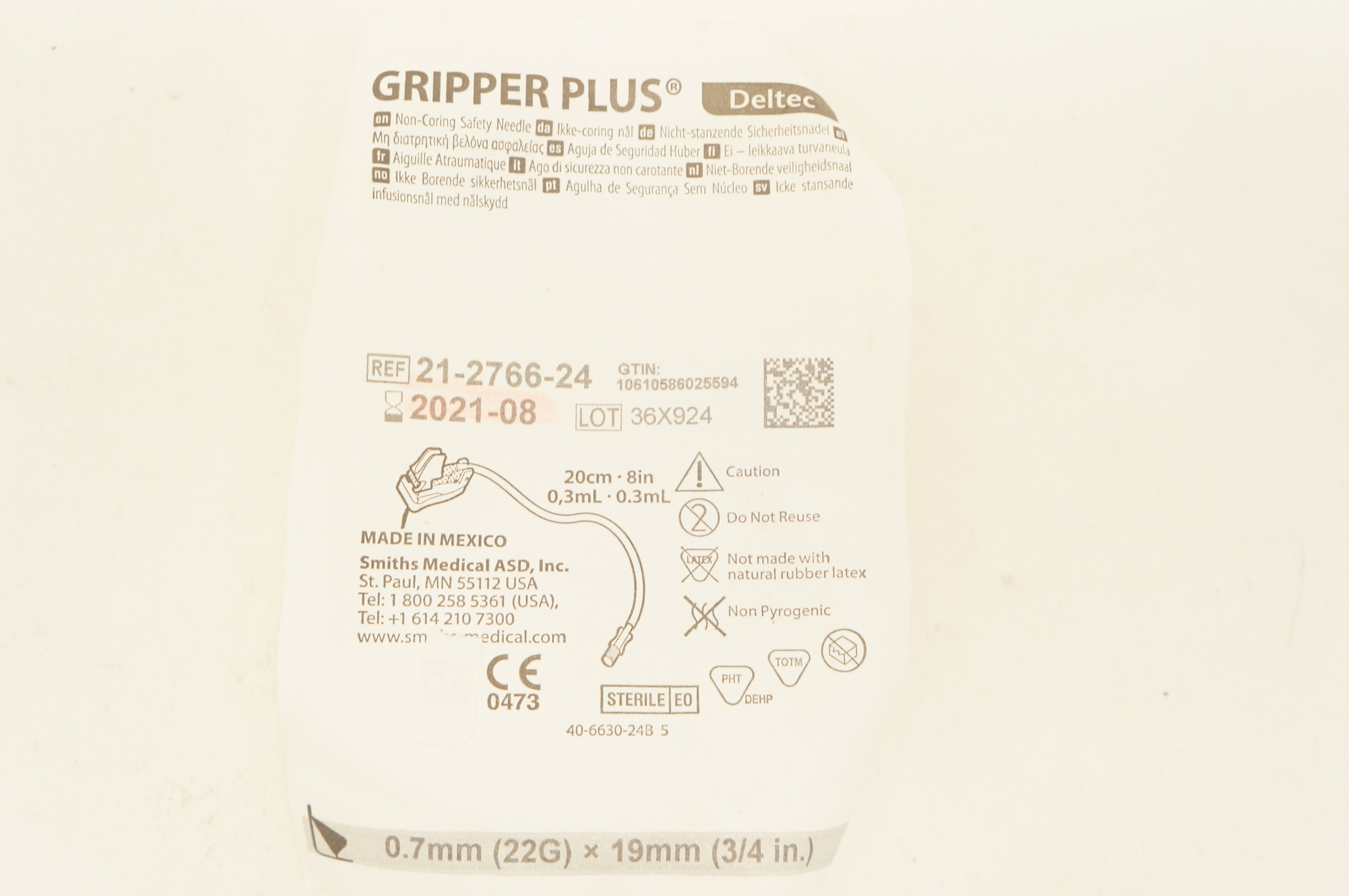 Smiths Medical 21-2766-24 Gripper Plus Non-Coring Safety Ndle 8inch x 0.3mL (x)