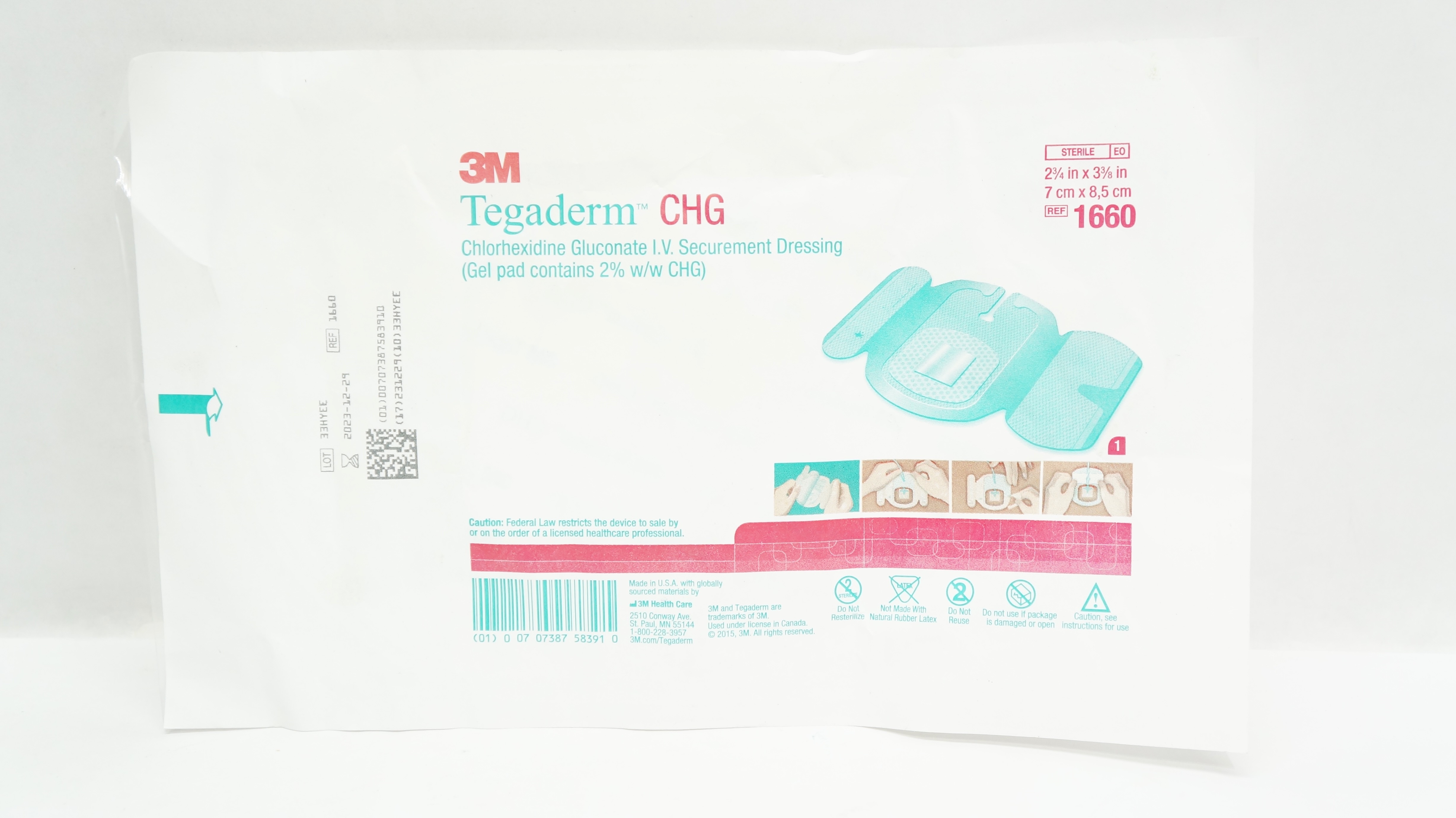 3M 1660 Tegaderm CHG I.V. Securement Dressing 2-3/4 x 3-3/8inch