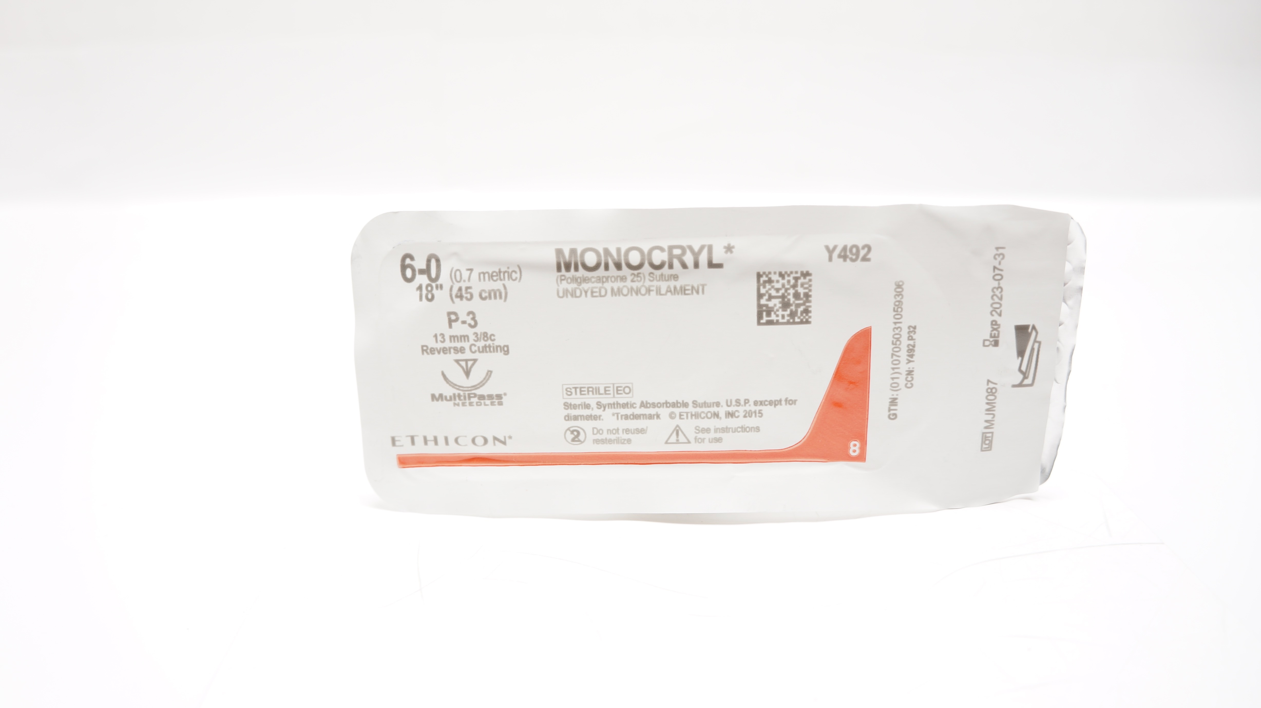 Ethicon Y492 6-0 MONOCRYL, P-3, 13mm 3/8c Reverse Cutting, 18inch (x)