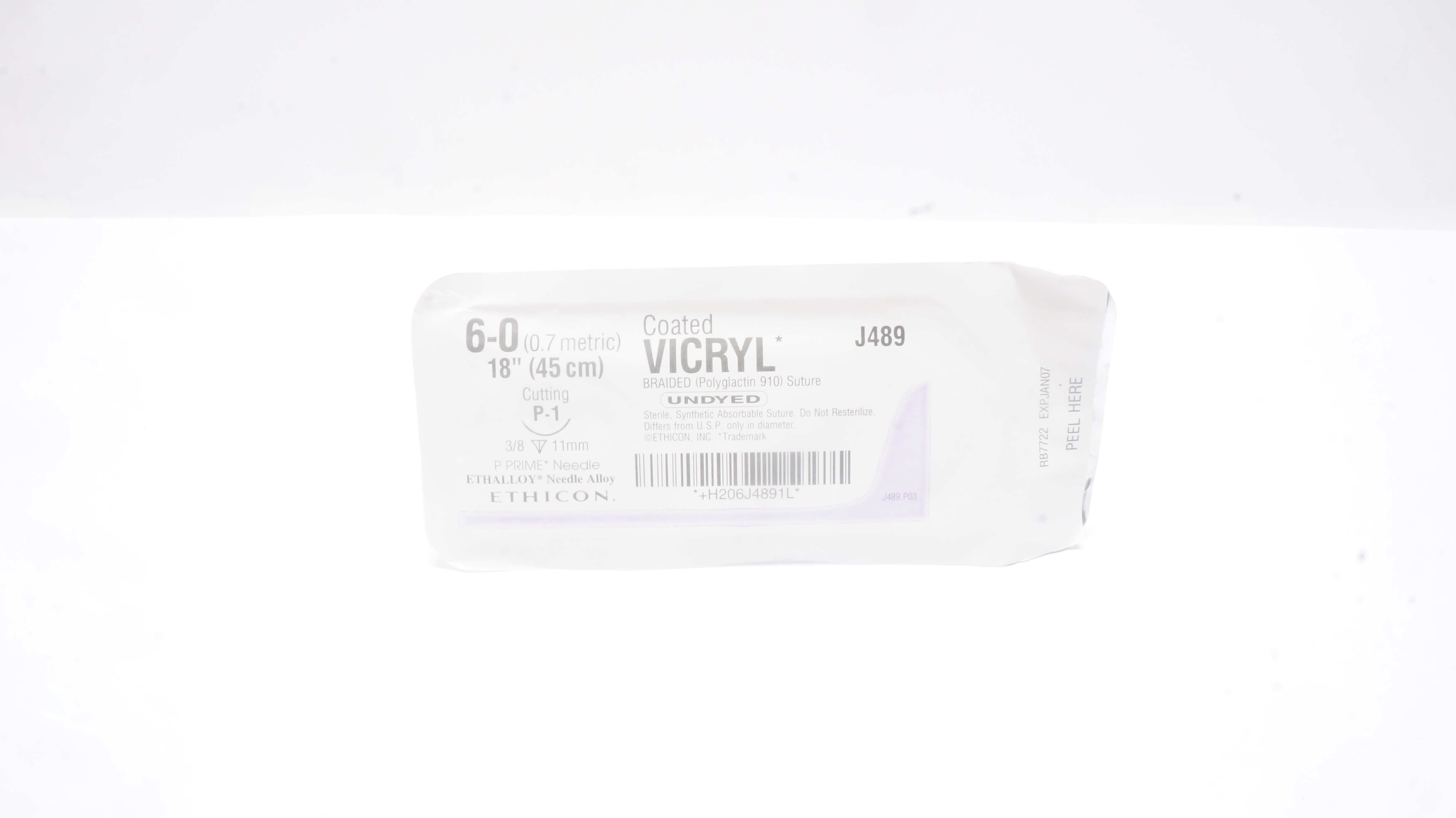 Ethicon J489 6-0 Coated Vicryl Stre P-1 11mm 3/8c Reverse Cutting, 18inch