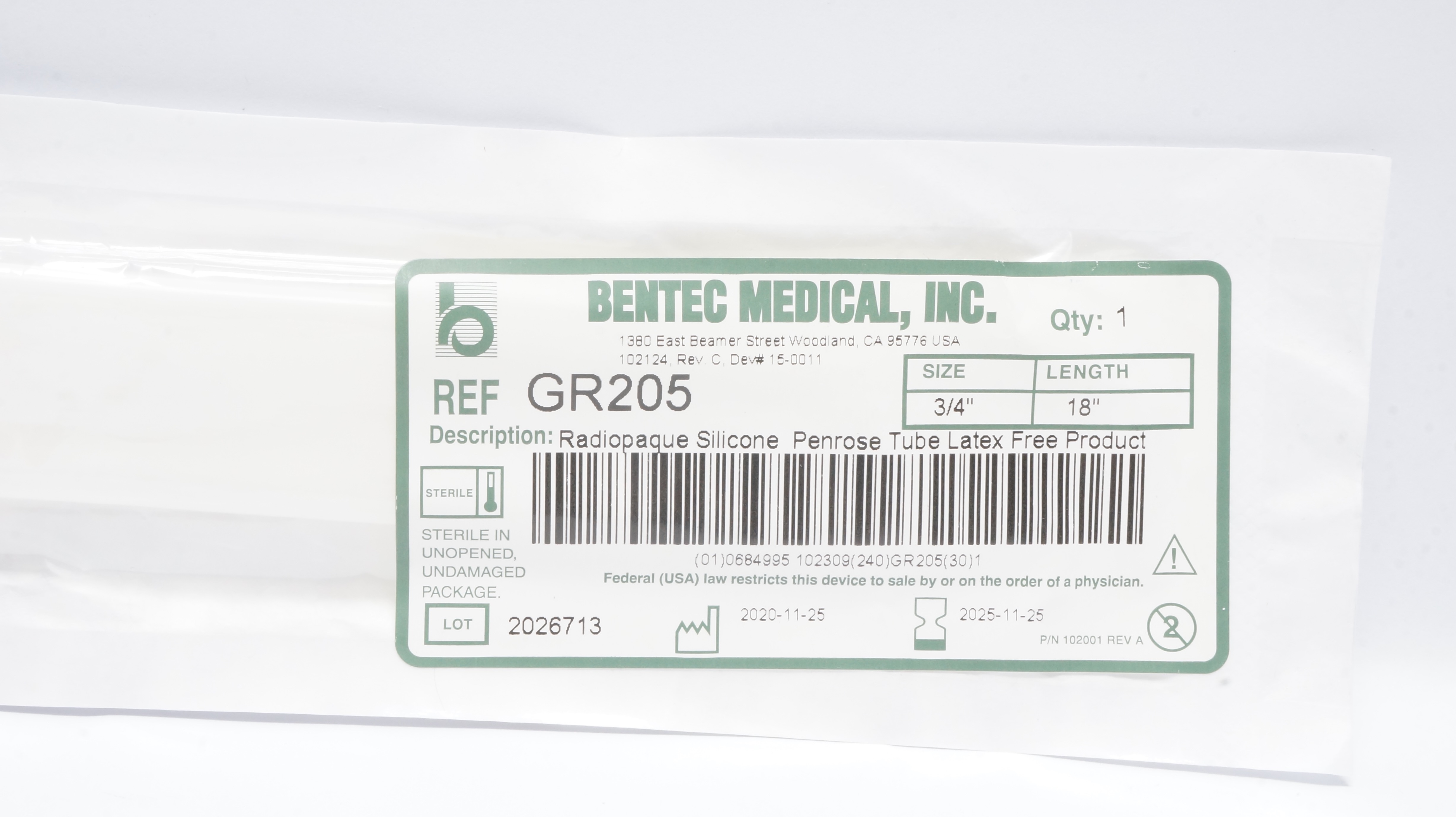 Bentec Medical GR205 Radiopaque Silicone Penrose Drain 3/4inch x 18inch