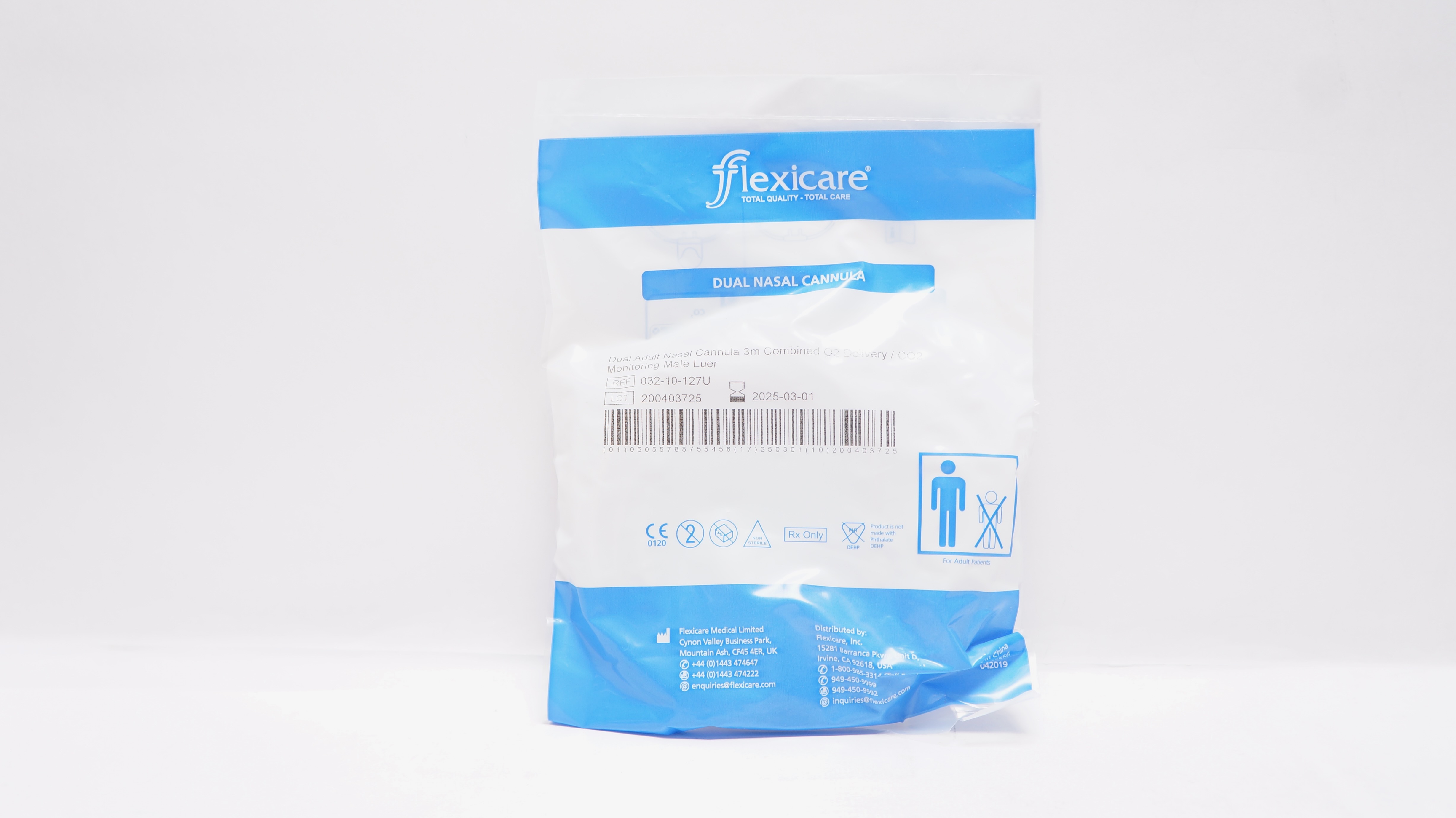 Flexicare 032-10-127U Dual Nasal Cannula 3m O2Delivery/CO2 Monitoring Male Luer