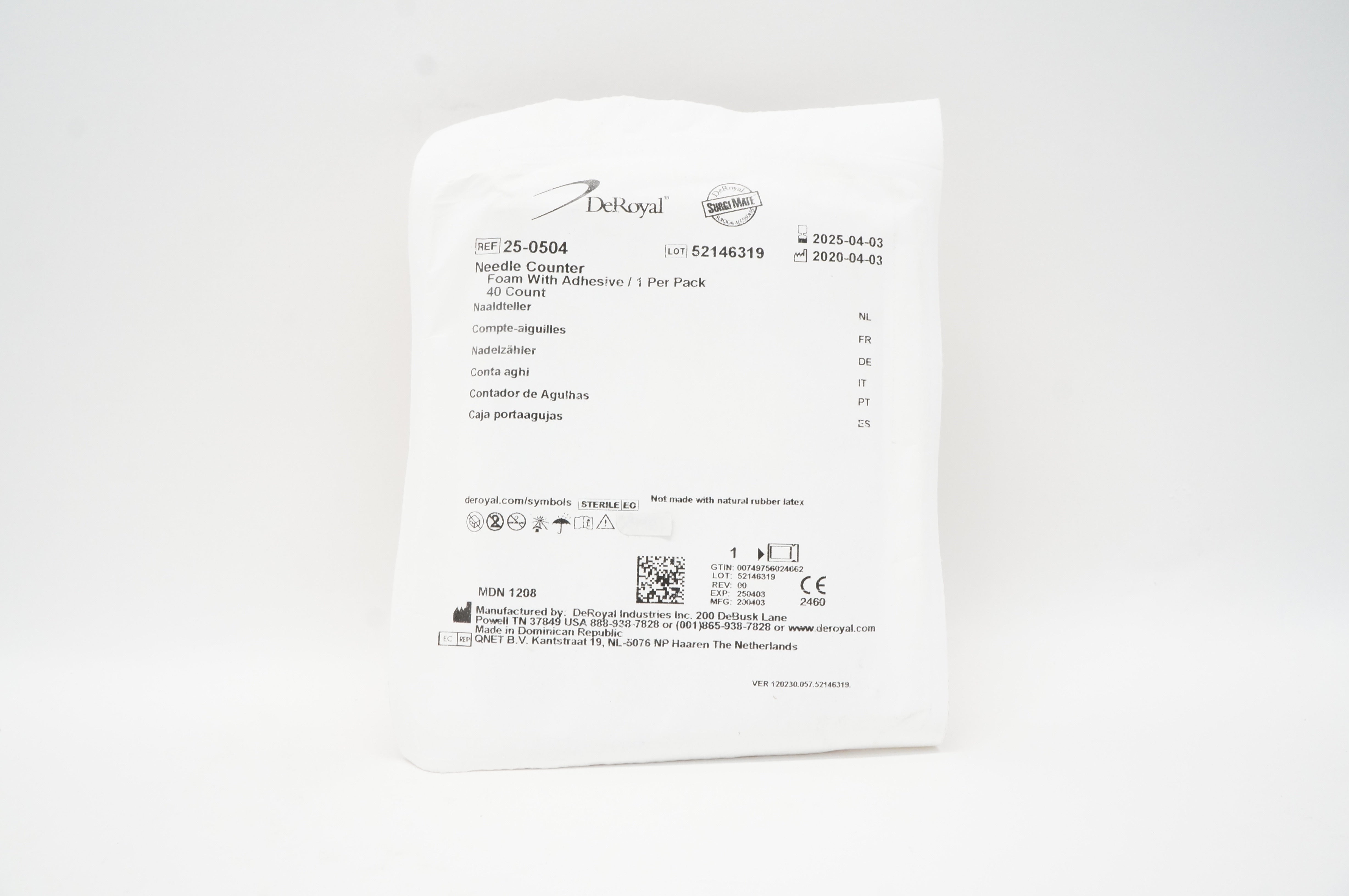 DeRoyal 25-0504 Ndle Counter Foam with Adhesive
