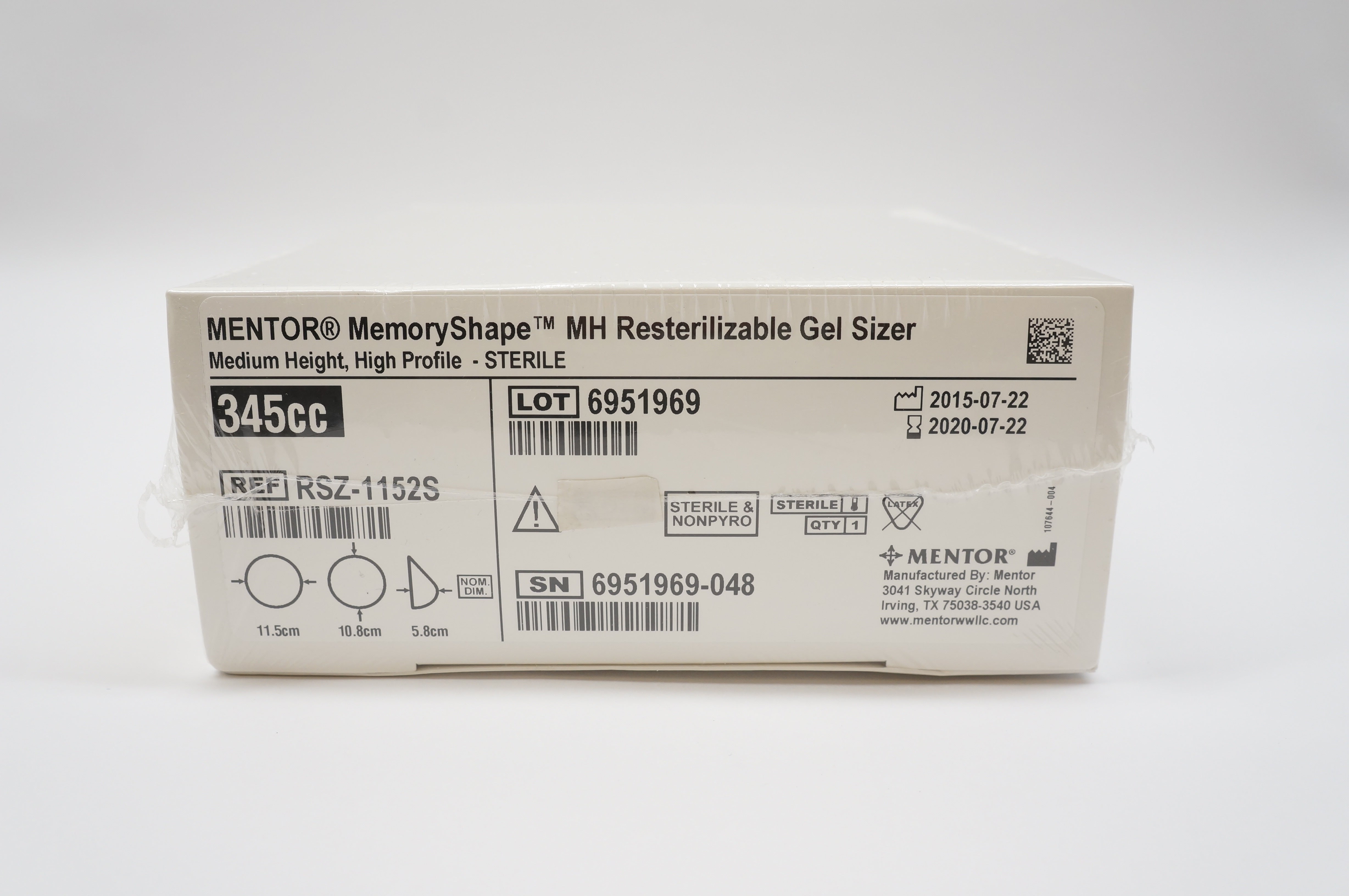 MENTOR RSZ1152S MemoryShape MH Resterilizable Gel Sizer 345cc, 5