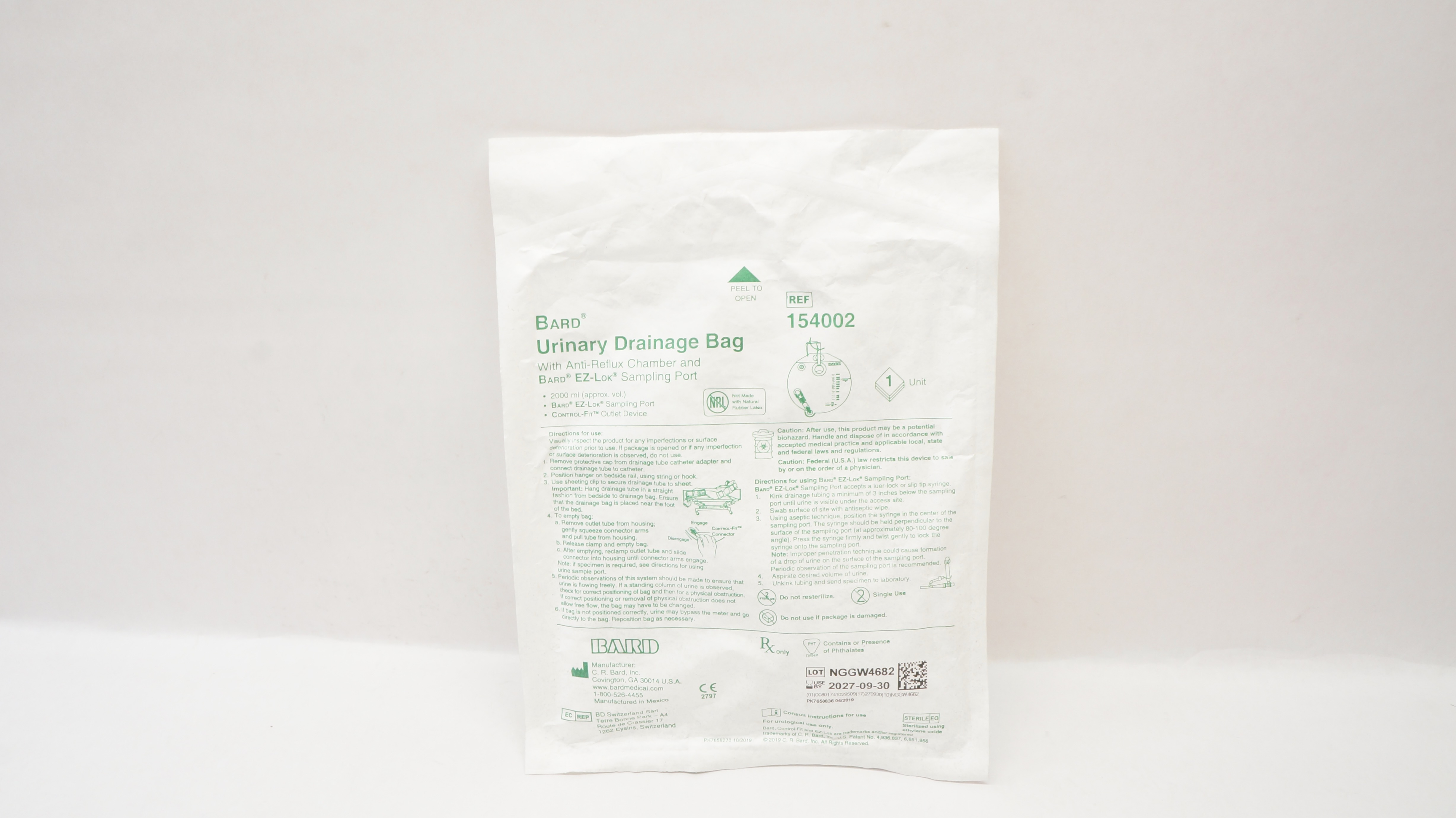 Bard 154002 Urinary Drainage Bag with Anti-Reflux Chamber & Sampling Port 2000ml