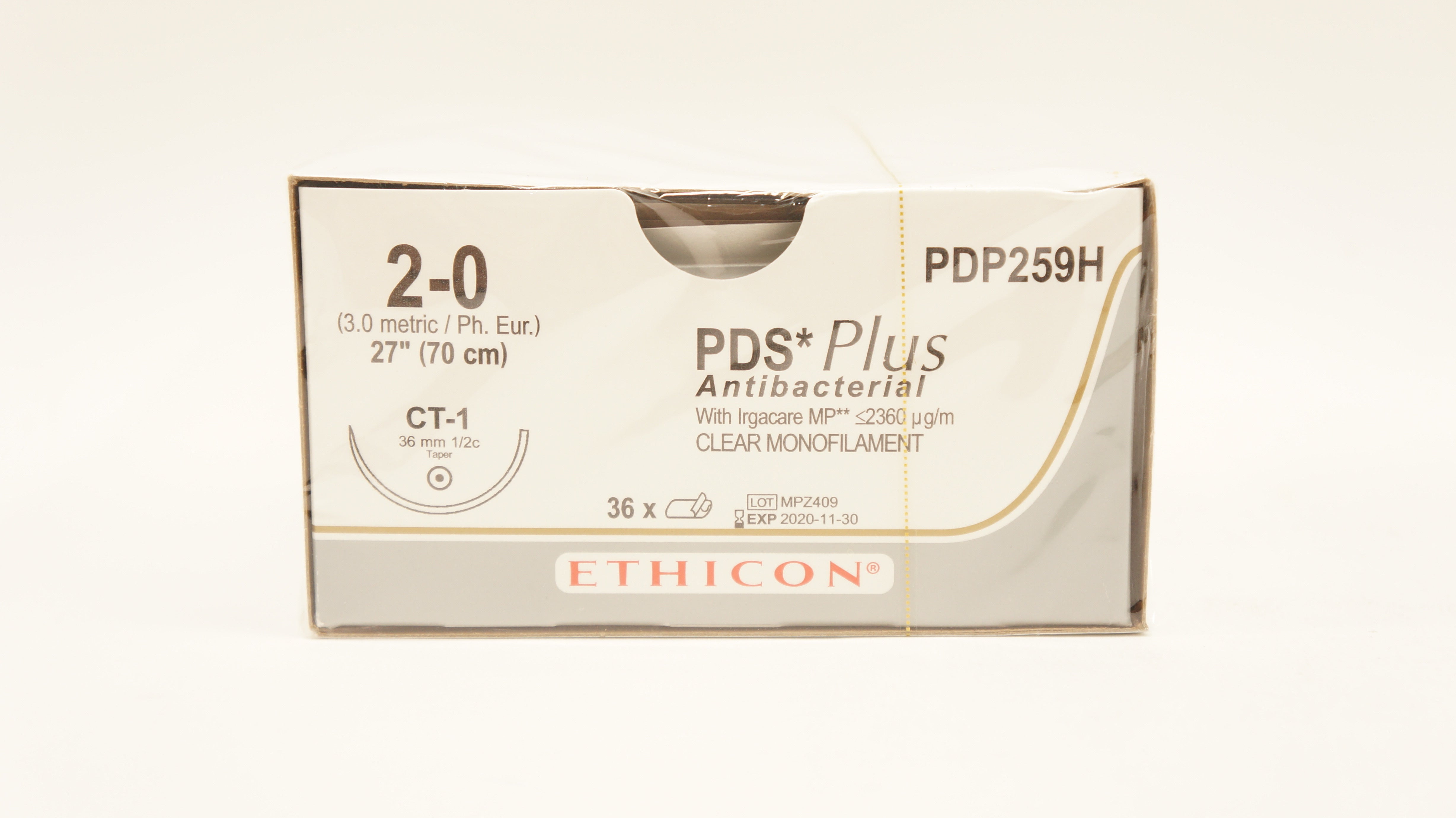 Ethicon PDP259H 2-0 PDS Plus Antibacterial CT-1 36mm 1/2c Taper 27in-Box of36(x)