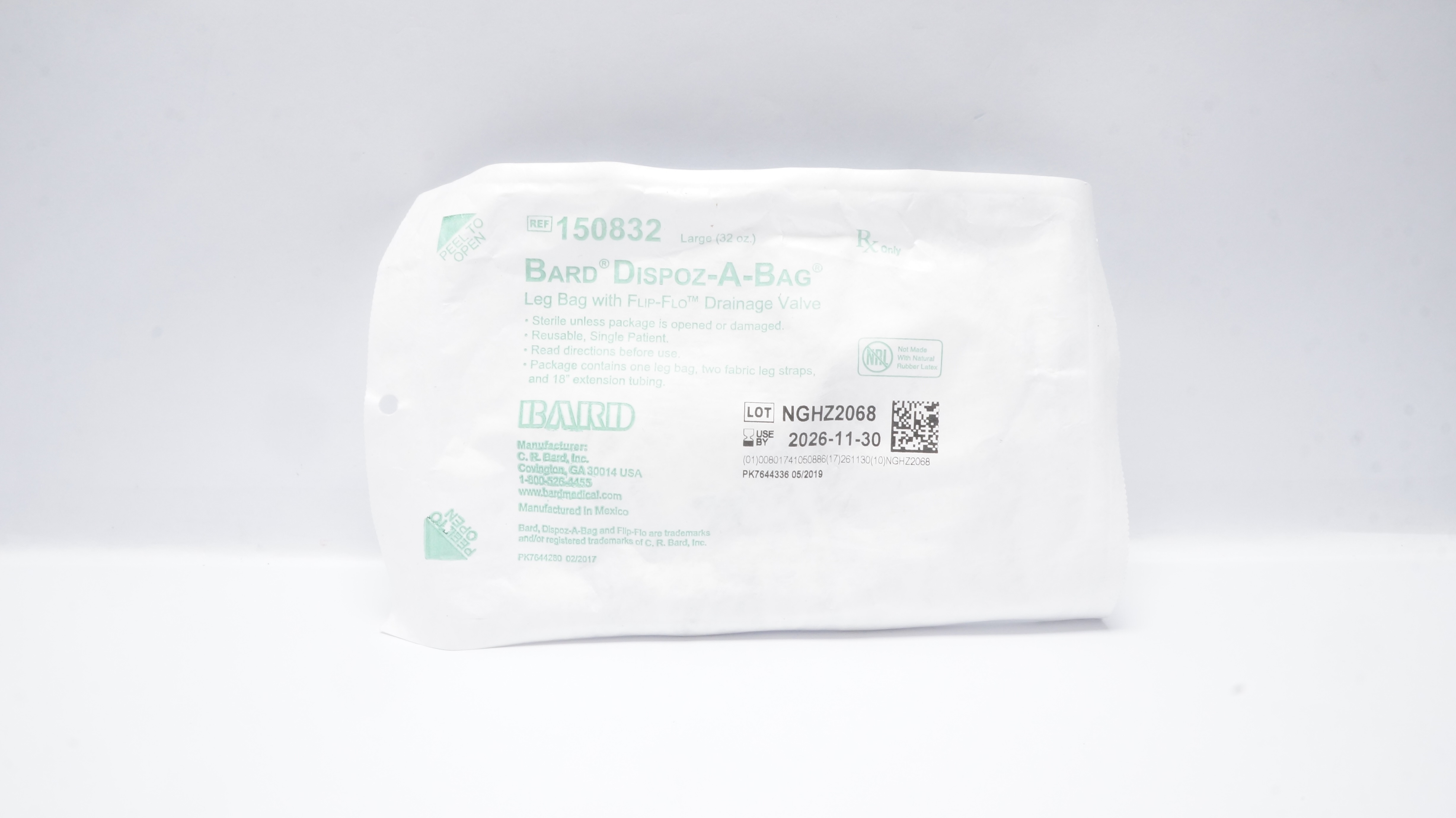 Bard 150832 Latex-Free Dispoz-A-Bag Leg Bag w/ Flip-Flo Drainage Valve