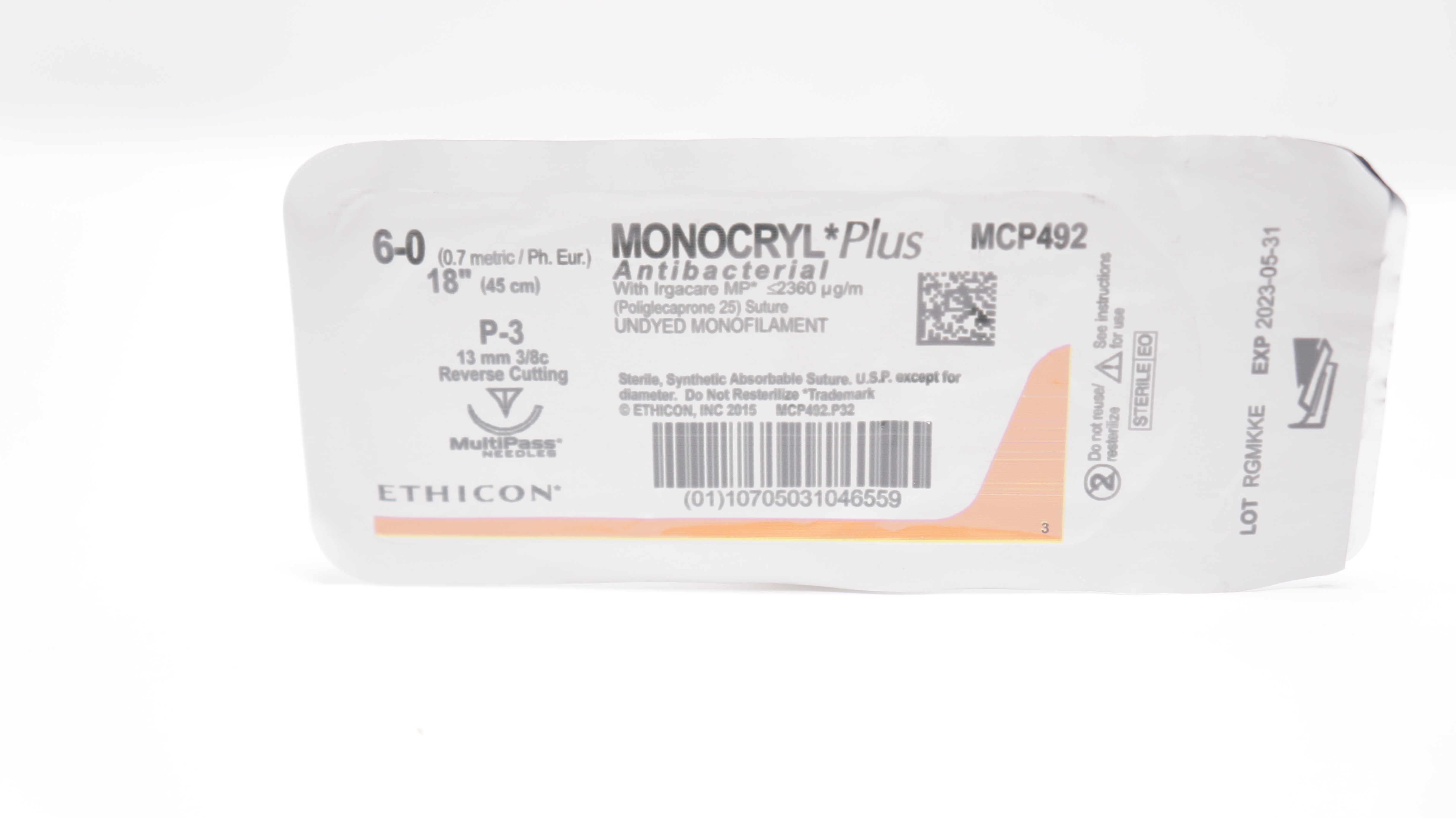 Ethicon MCP492 6-0 MONOCRYL Plus, P-3, 13mm 3/8c Reverse Cutting, 18inch (x)