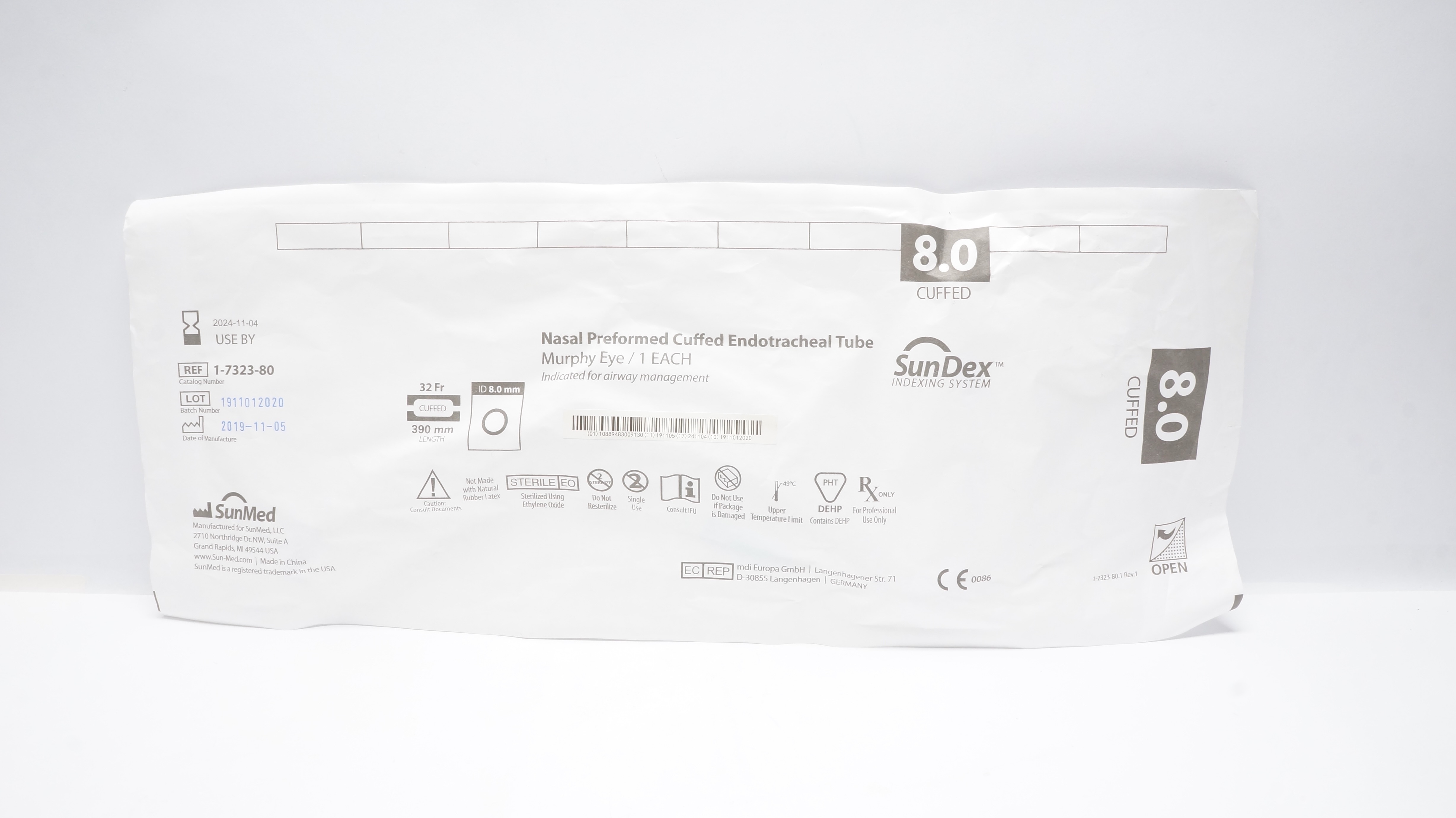 SunMed 1-7323-80 Nasal Preformed Cuffed Endotracheal Tube 32Fr x 390mm x 8.0mmID