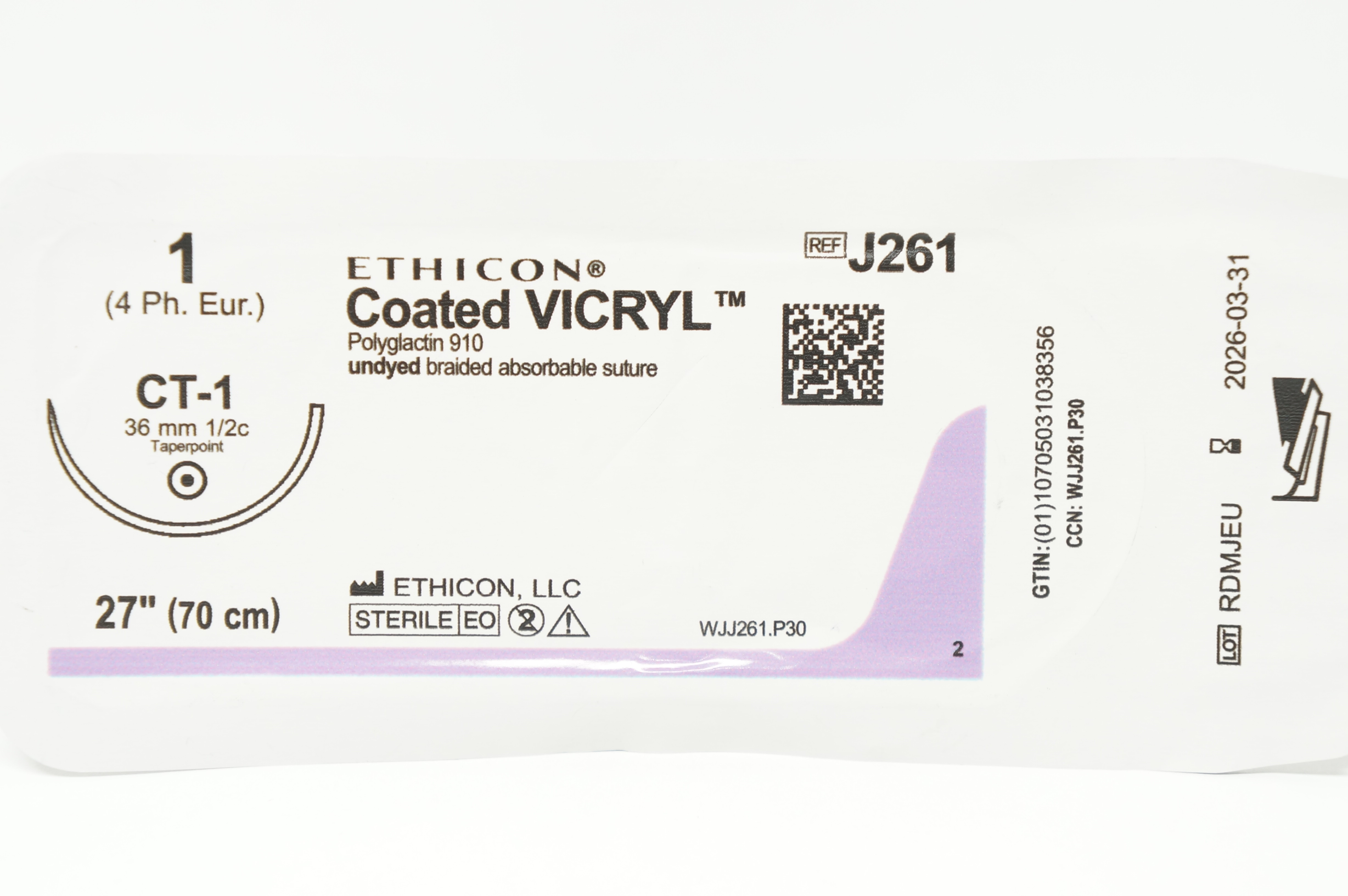 Ethicon J261 1 Coated VICRYL Stre, CT-1 36mm 1/2c Taperpoint, 27inch