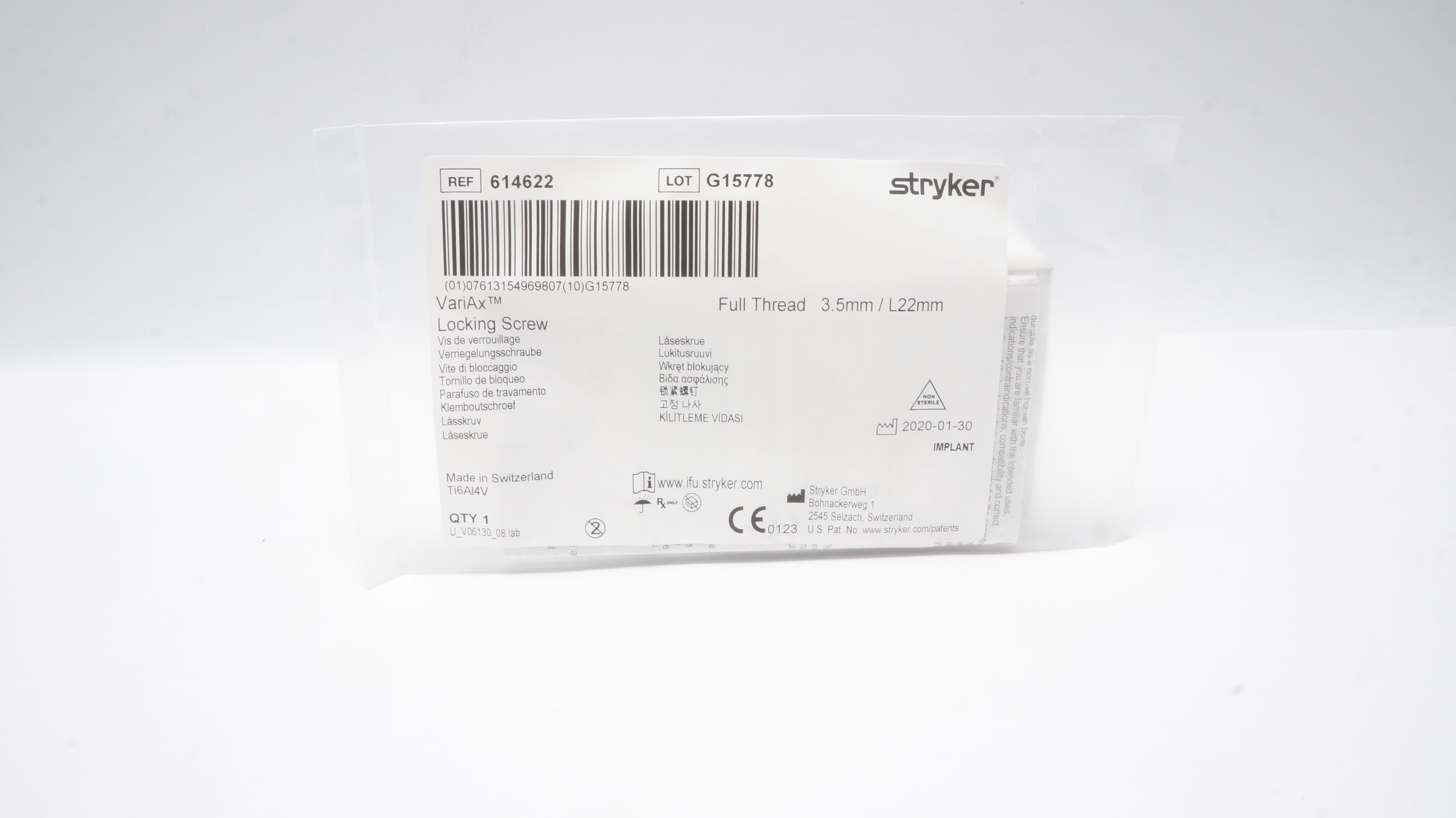 Stryker 614622 VariAx Locking Screw , Full Thread 3.5mm/ L22mm