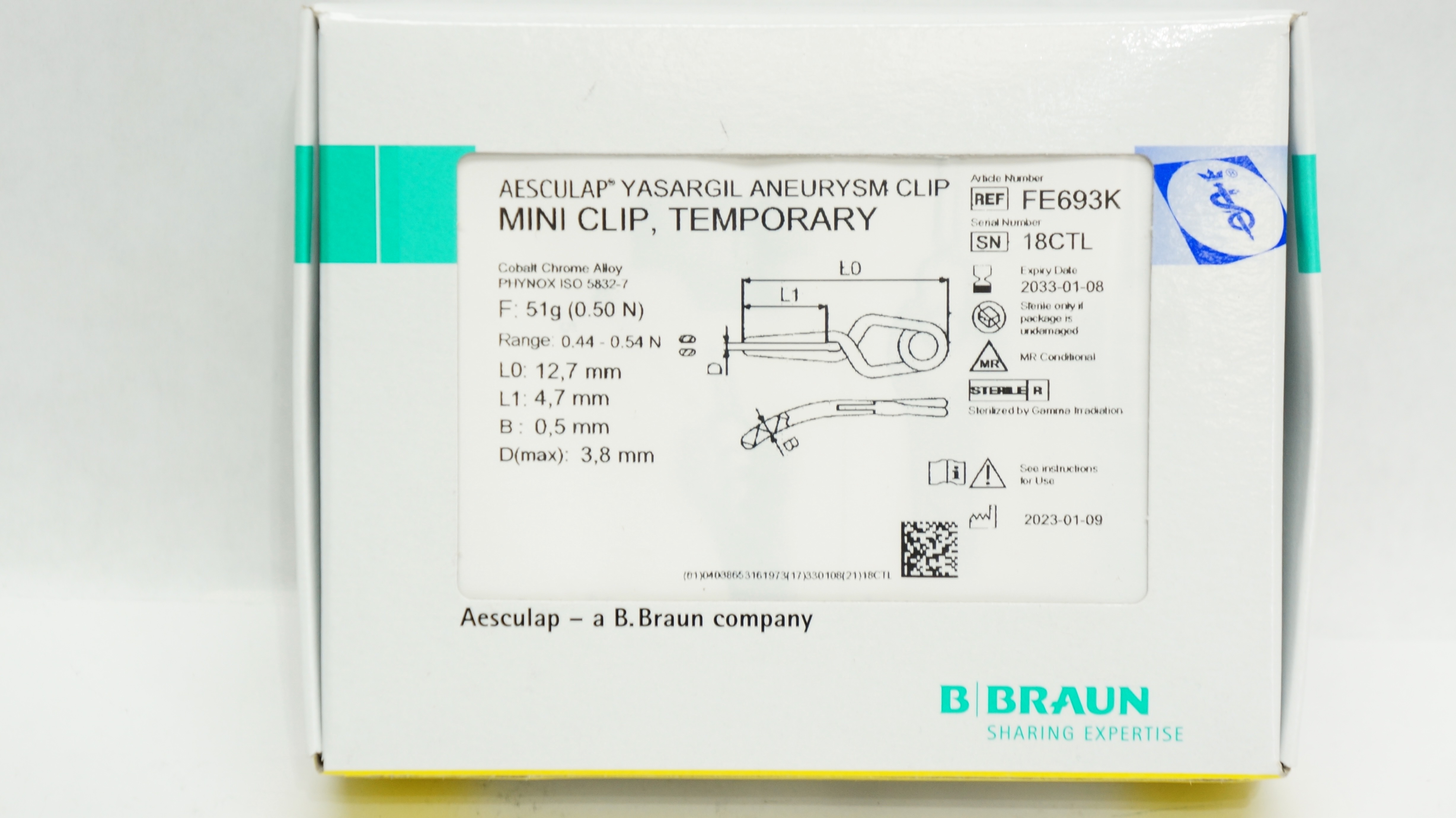 Braun FE693K Aesculap Mini Aneurysm Clip, Temporary 12.7 x 4.7 x 0.5 x