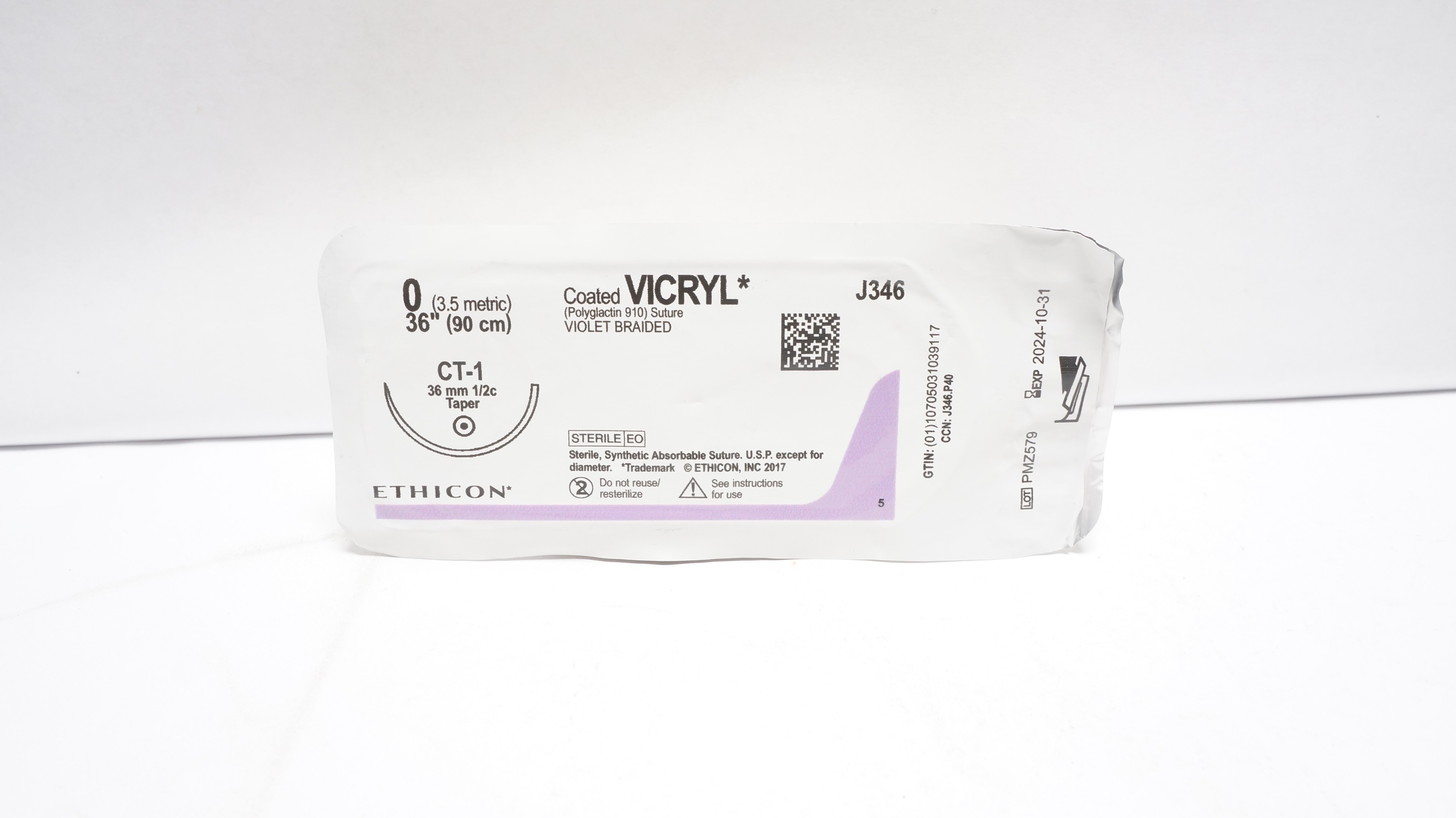 Ethicon J346 0 Coated VICRYL Stre Violet Braided CT-1 36mm 1/2c Taper, 36inch(x)